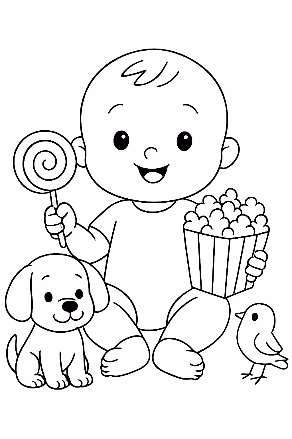 Um bebe com um pirulito e pipoca na mao com para colorir — desenho para imprimir