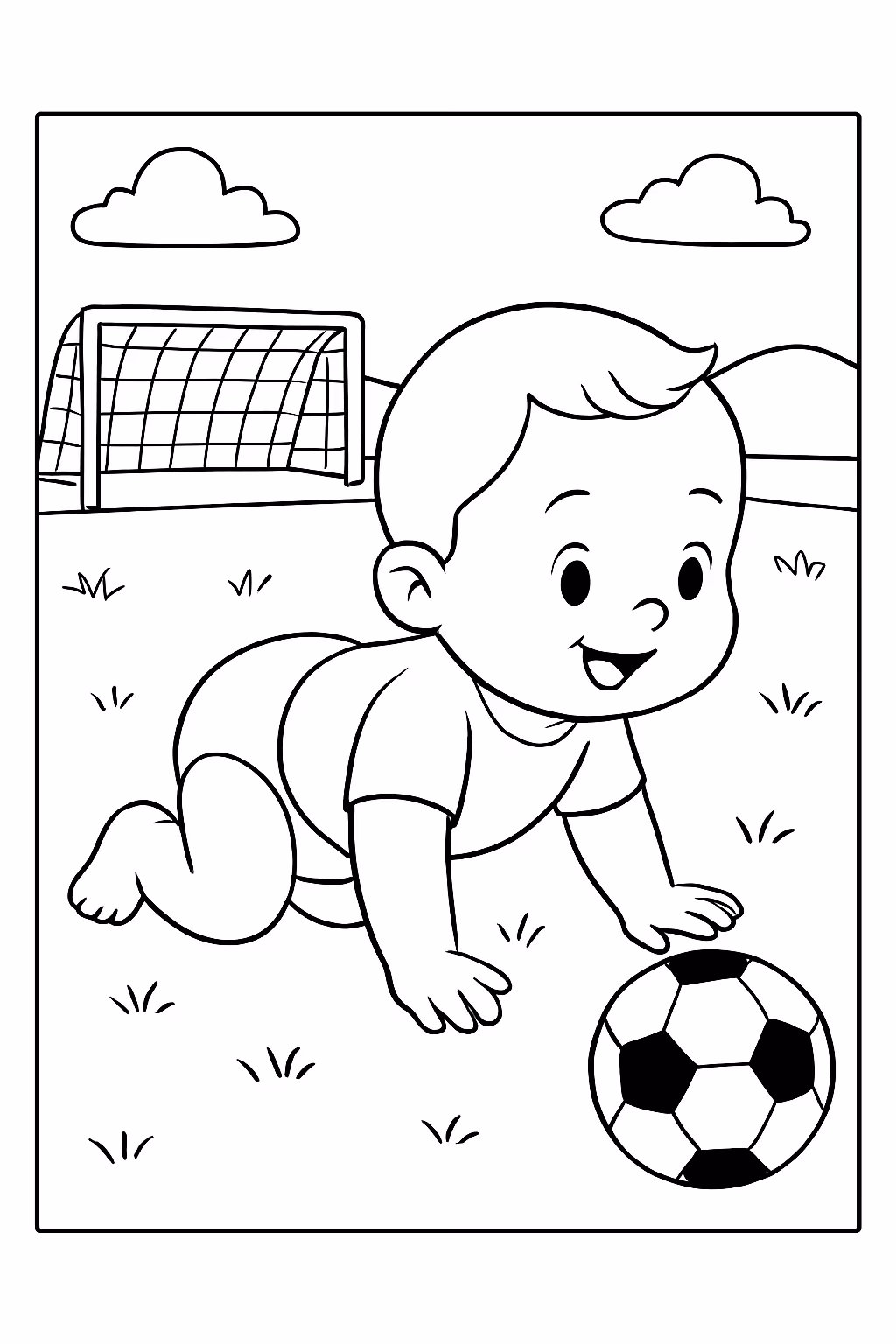 Um bebe engatinhando em um campo de futebol para colorir — desenho para imprimir