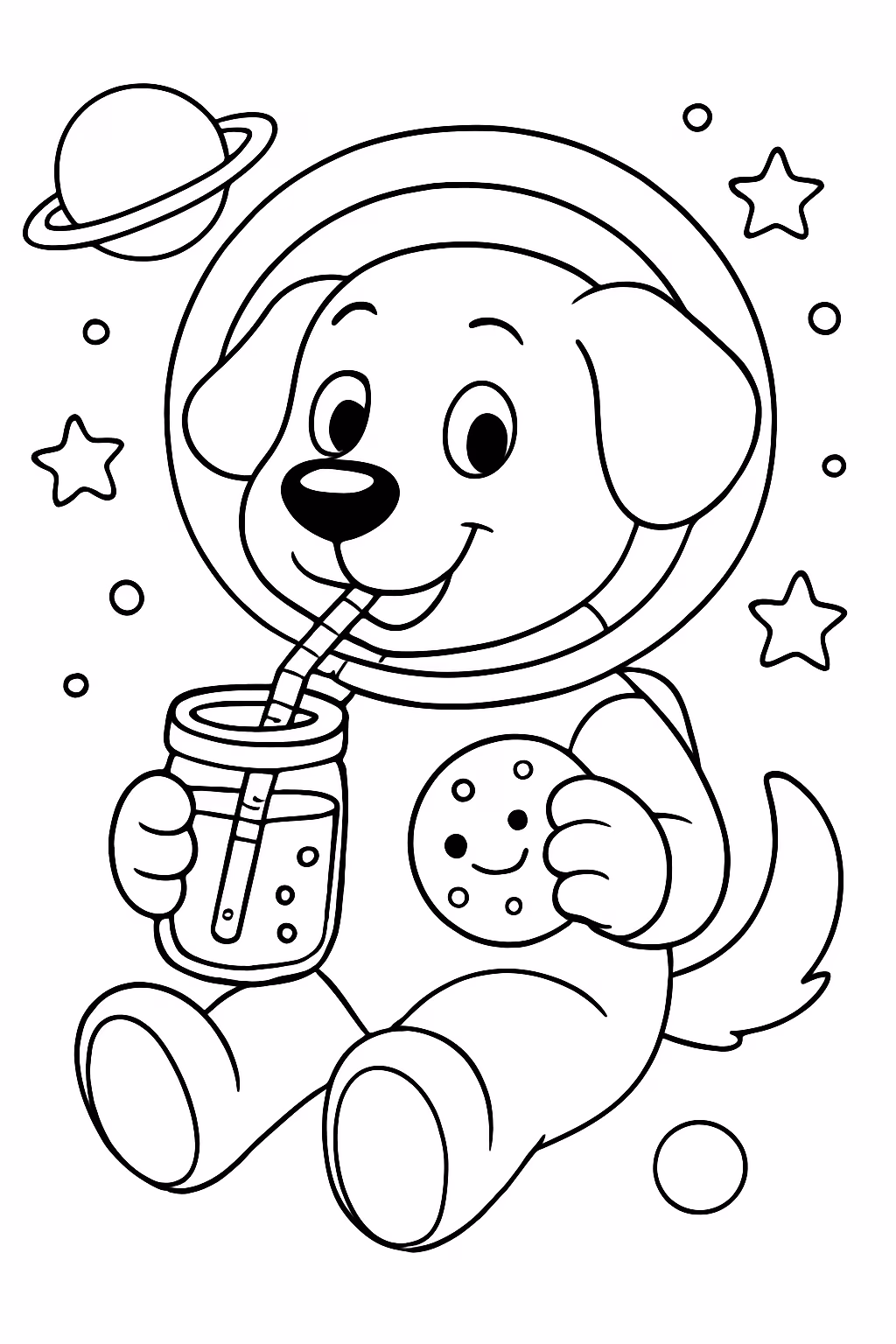 Um cachorro no espaco bebendo suco comendo wolfful e para colorir — desenho para imprimir