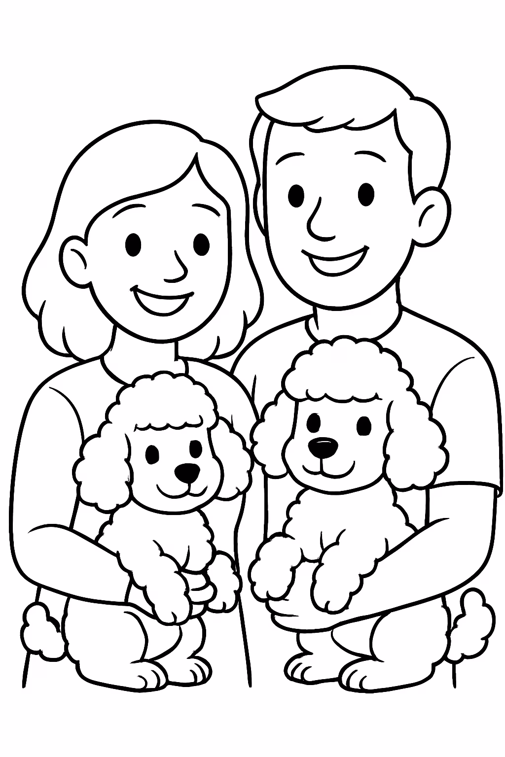 Um casal com dois cachorrinhos poodle para colorir — desenho para imprimir
