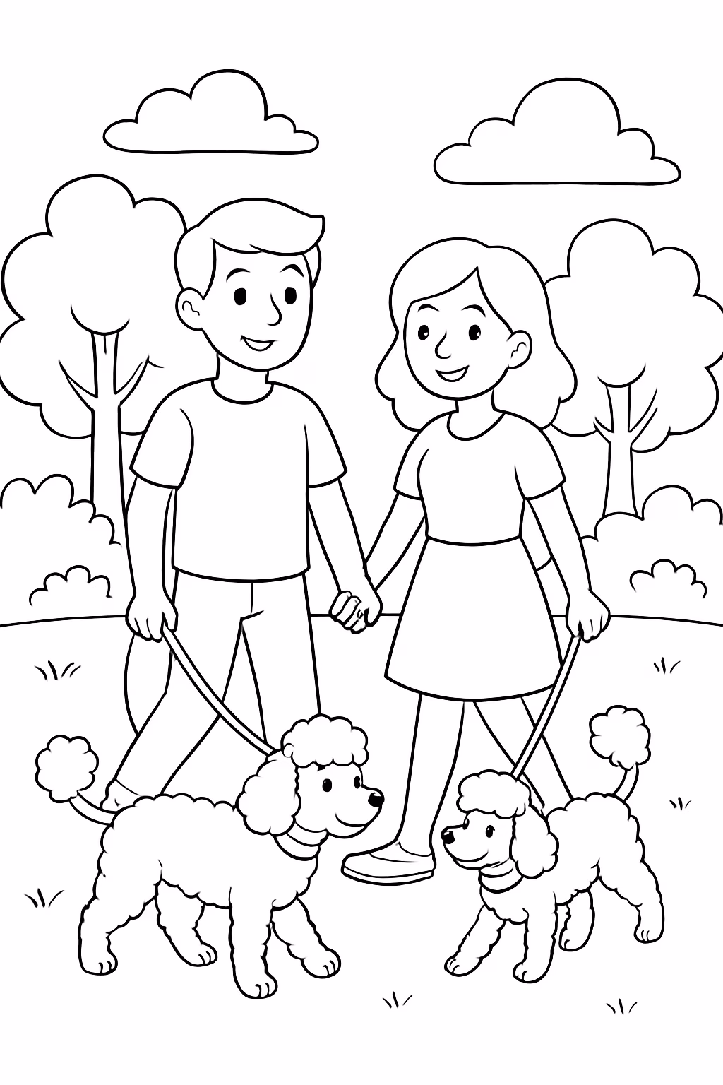 Um casal com dois cachorrinhos poodle passeando no parque para colorir — desenho para imprimir