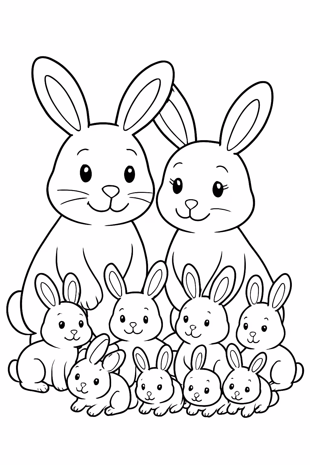 Um casal de coelhos com filhotes para colorir — desenho para imprimir