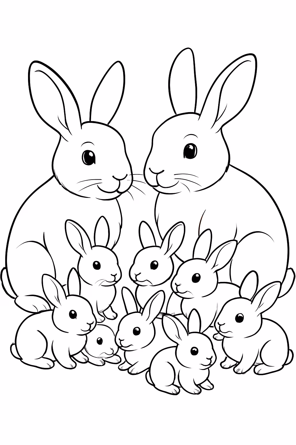 Um casal de coelhos com filhotes mais realista para colorir — desenho para imprimir
