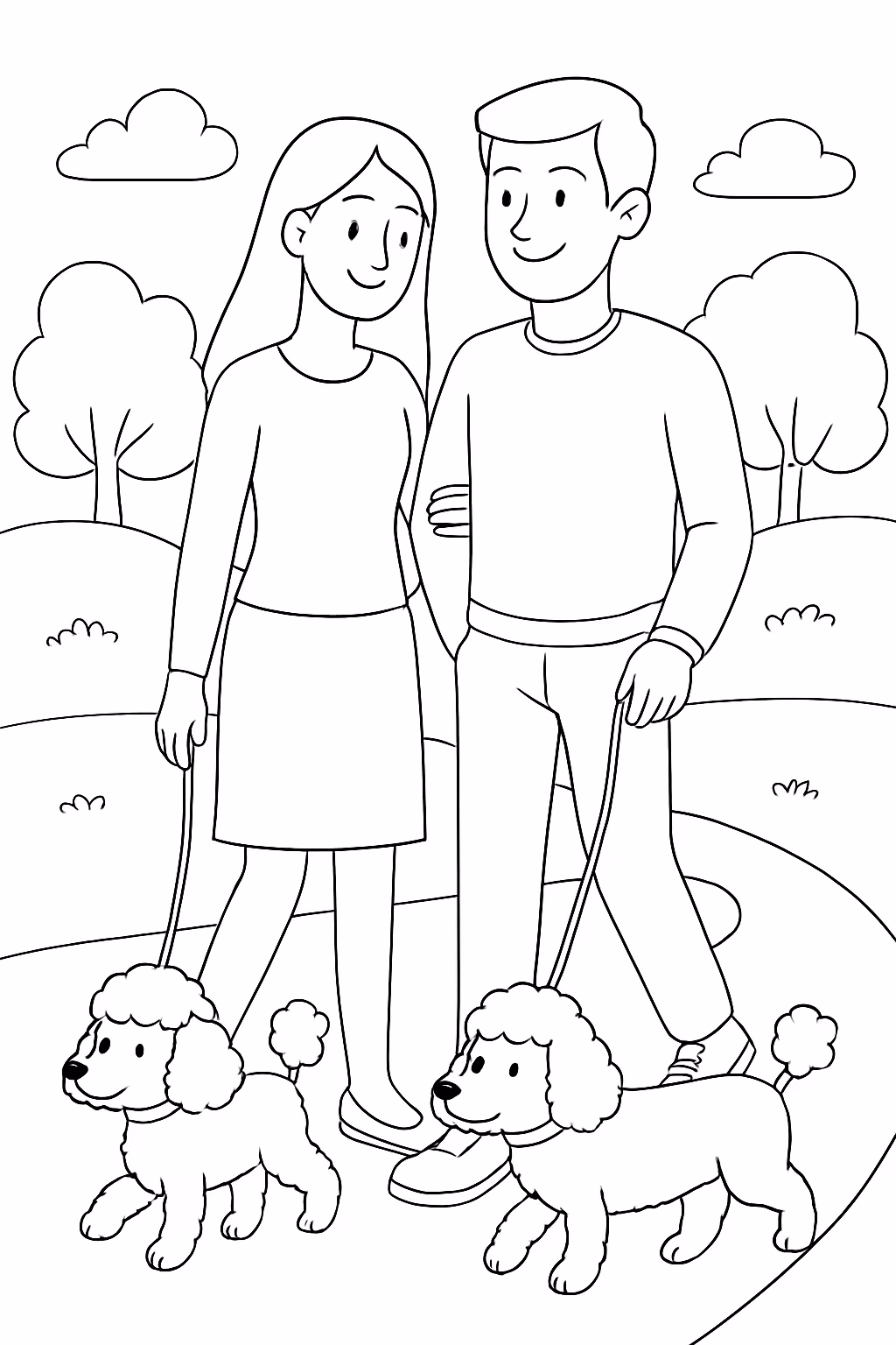 Um casal onde a esposa e mais alta com dois para colorir — desenho para imprimir