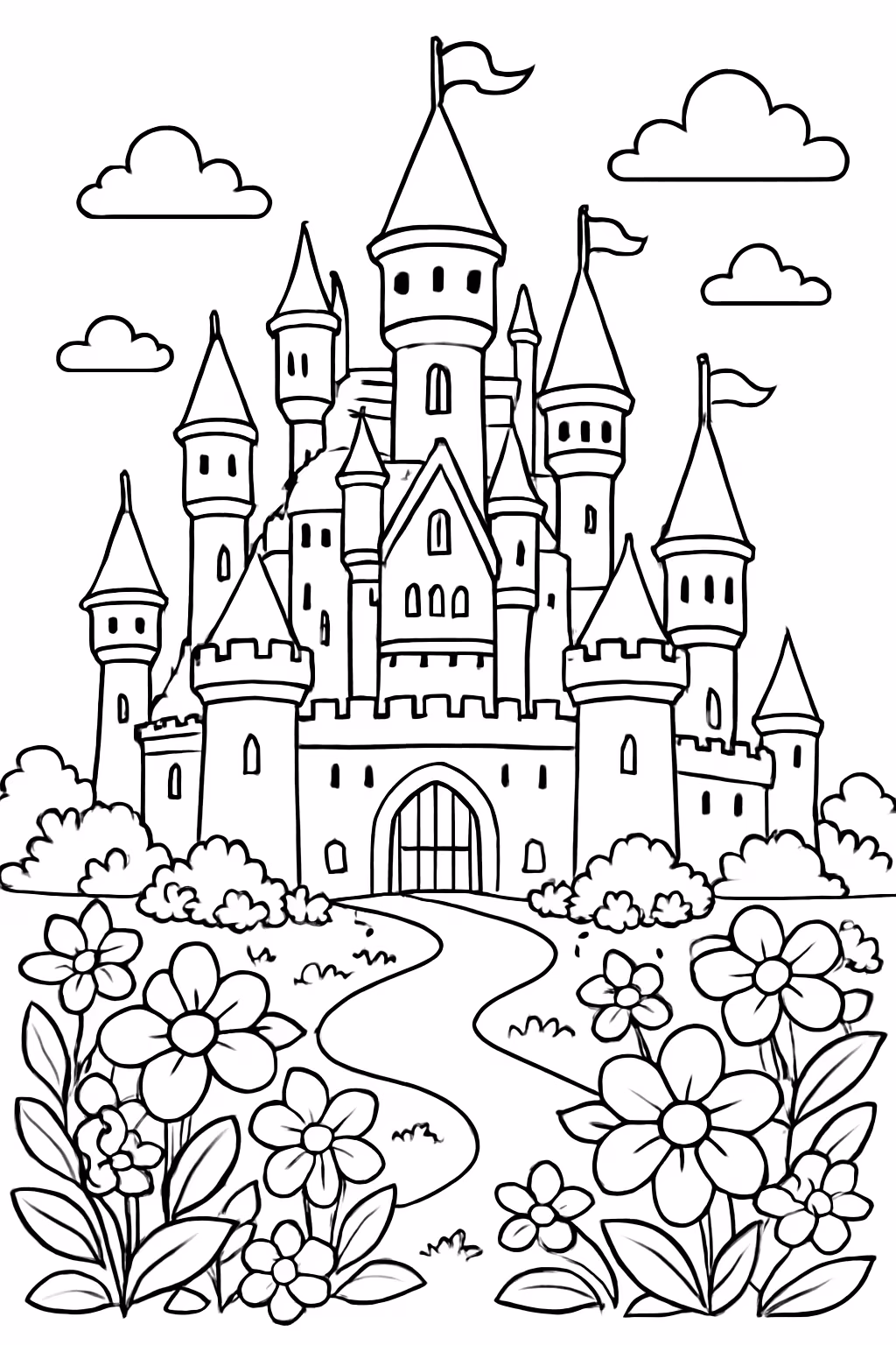 Um castelo bem grande e bem detalhado cheio de flores para colorir — desenho para imprimir