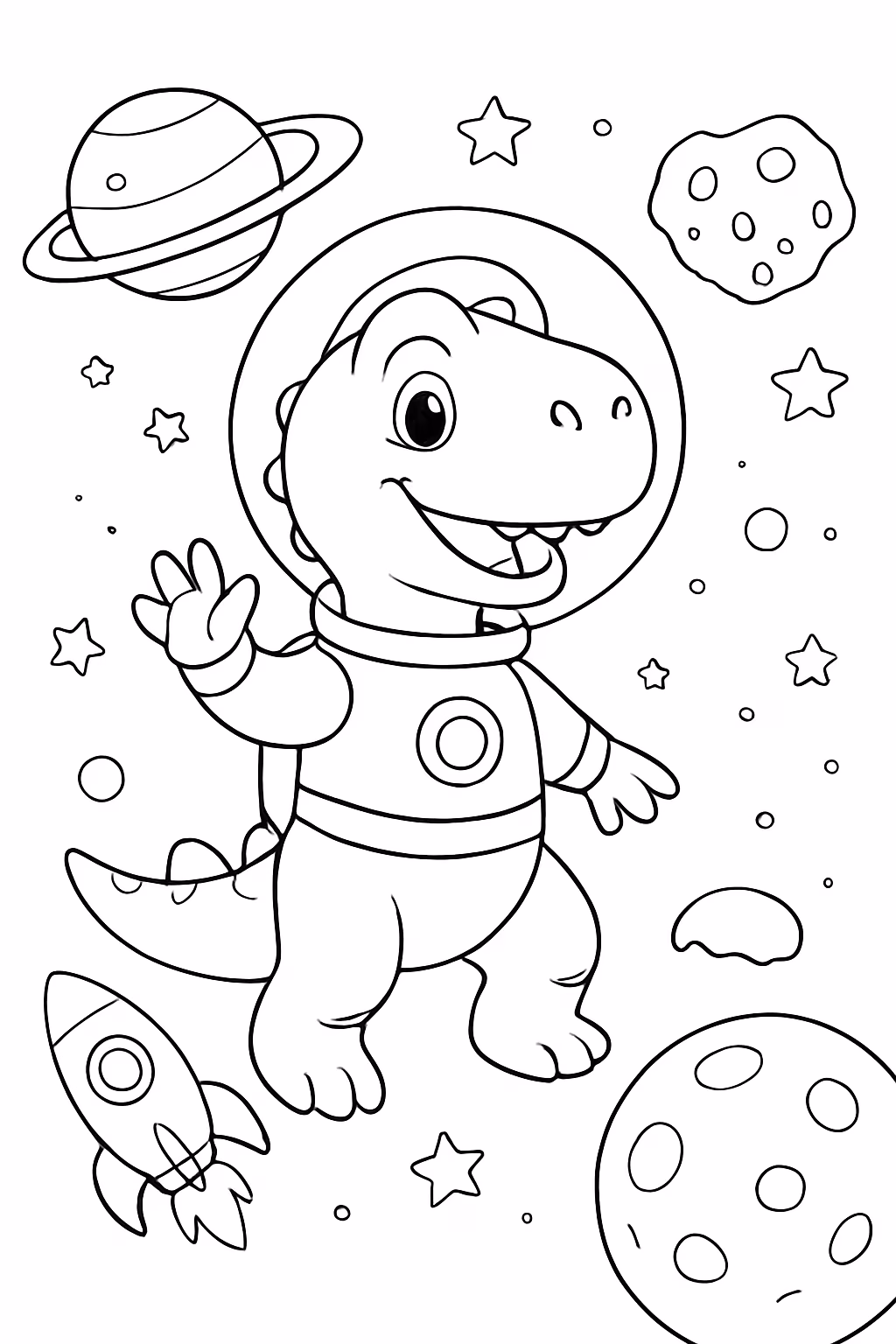 Um dinossauro no espaco para colorir — desenho para imprimir