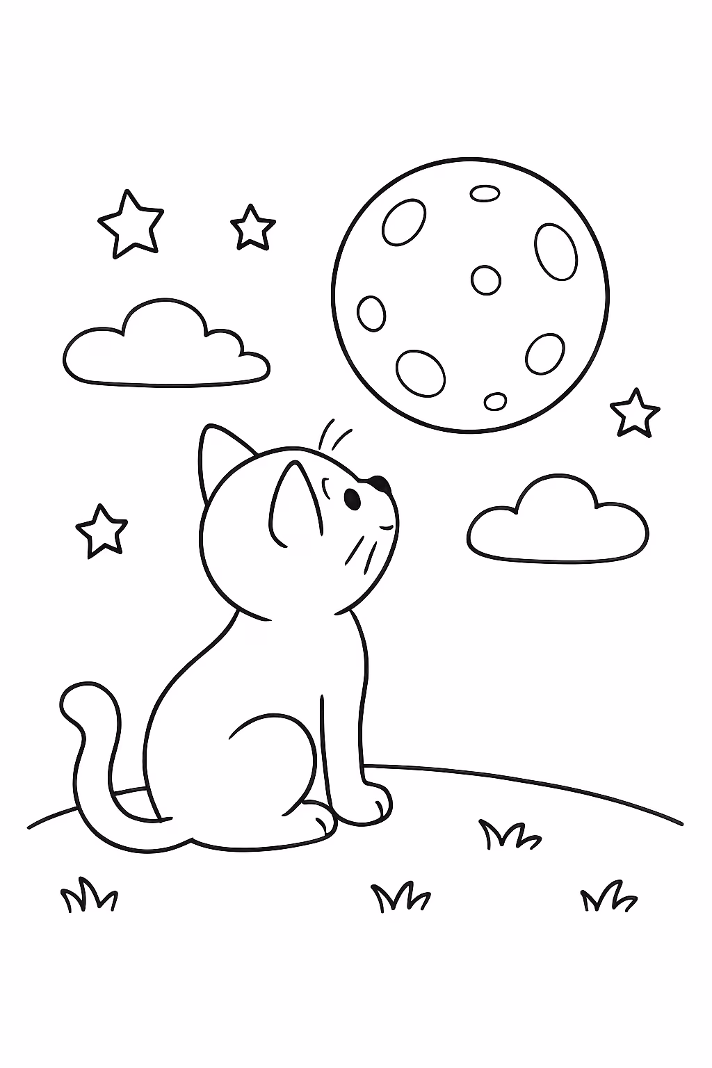 Um gato olhando pra lua bem simples mas clima e para colorir — desenho para imprimir