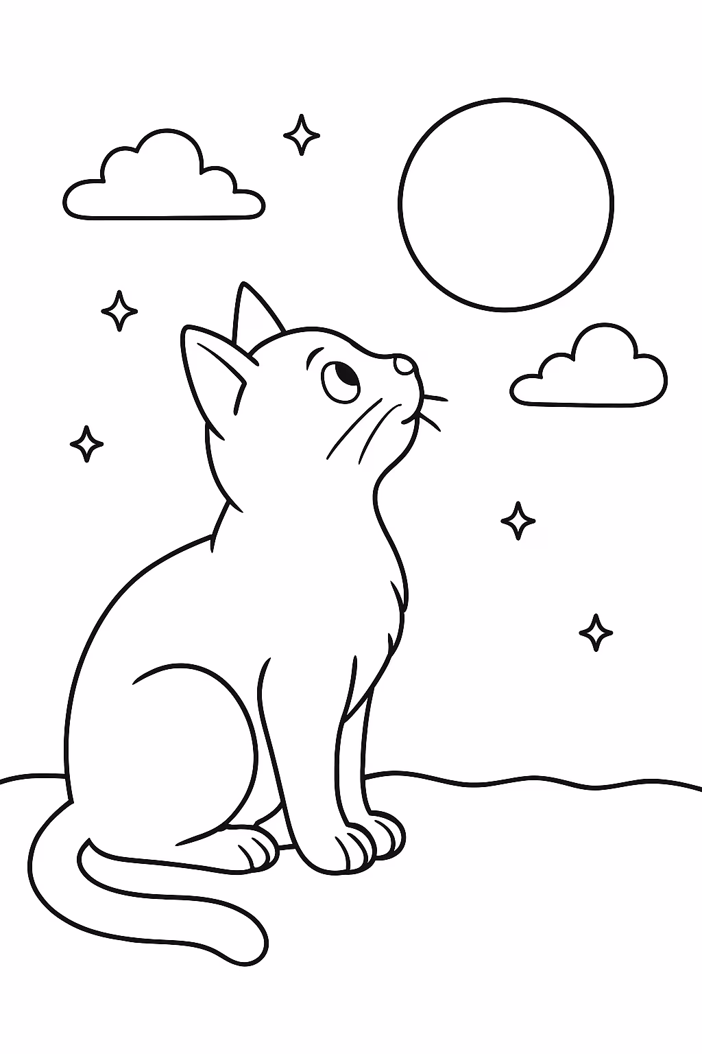 Um gato olhando pra lua bem simples mas realista level para colorir — desenho para imprimir
