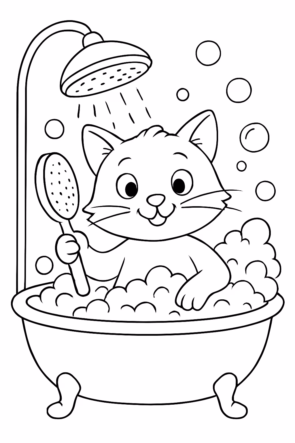 Um gato tomando banho para colorir — desenho para imprimir