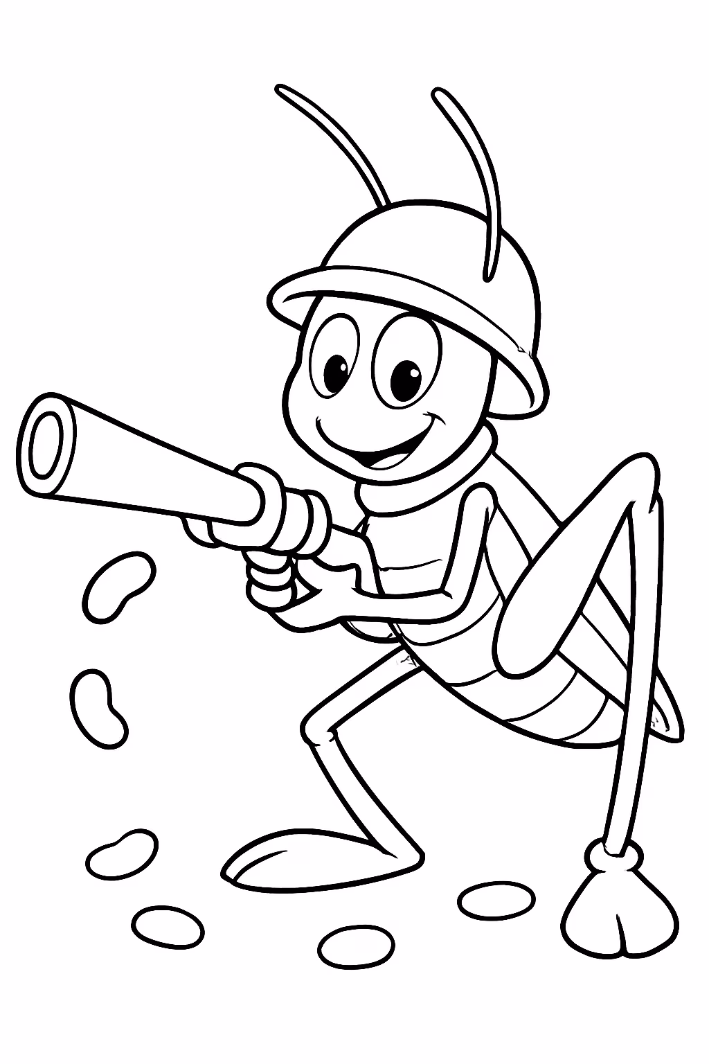 Um grilho soldado atirando feijoes para colorir — desenho para imprimir