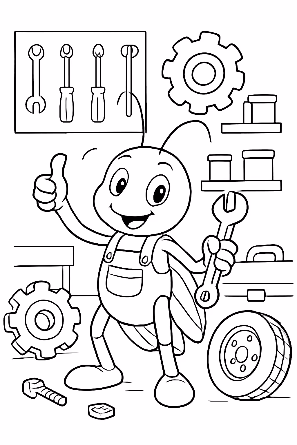 Um grilo na oficina mecanica para colorir — desenho para imprimir