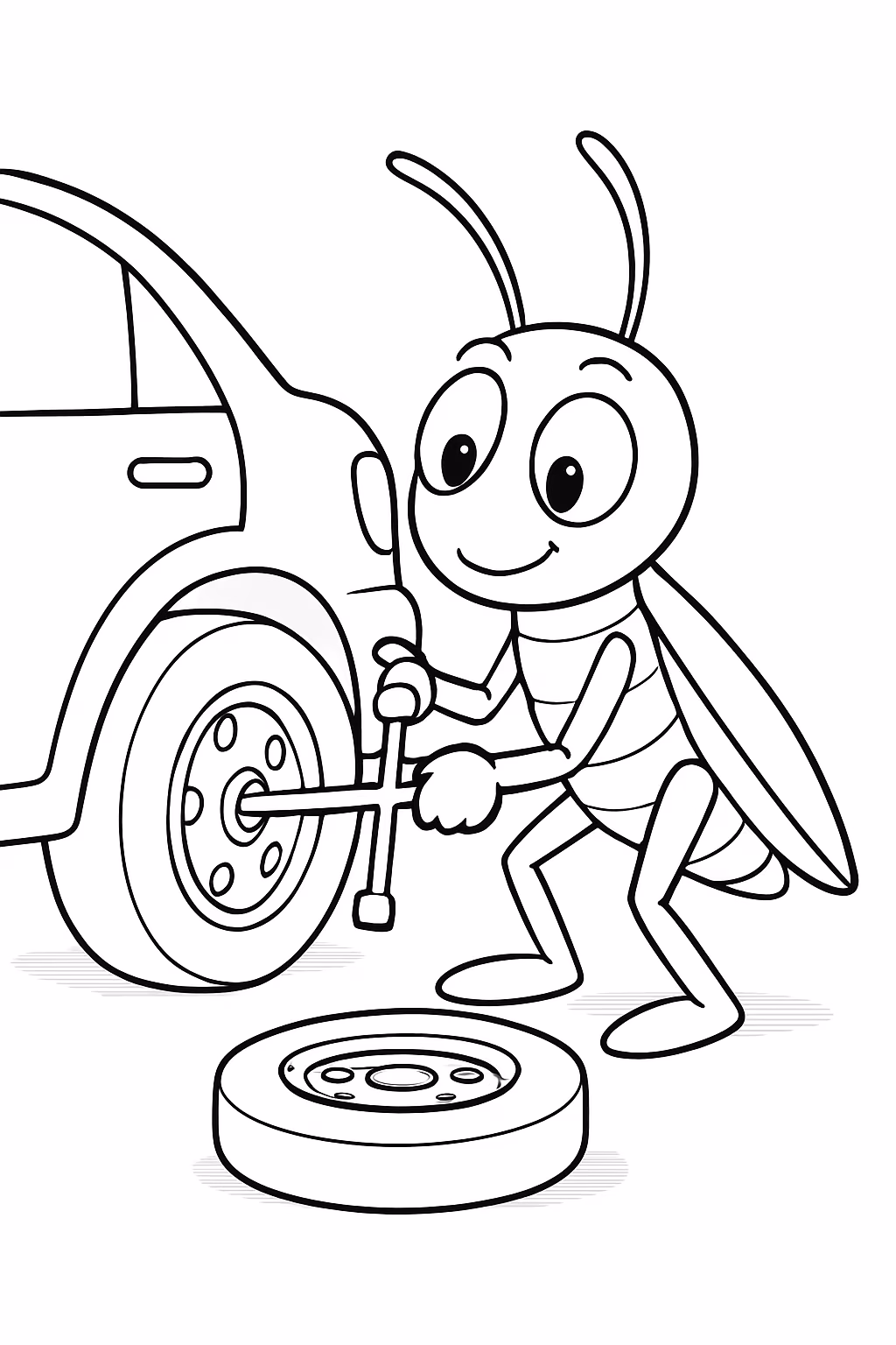 Um grilo trocando pneu para colorir — desenho para imprimir