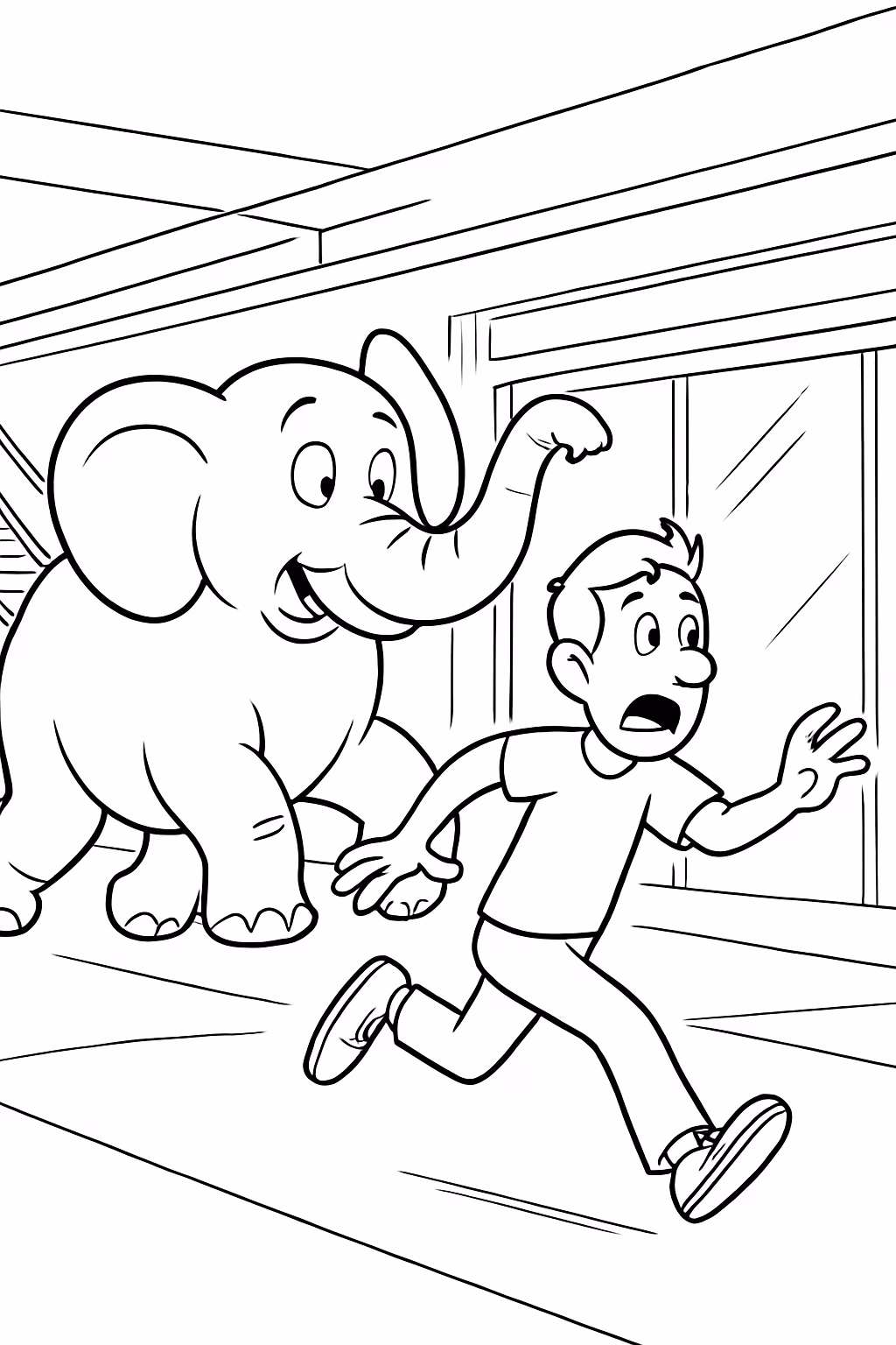 Um homem correndo de um elefante dentro de shoping para colorir — desenho para imprimir