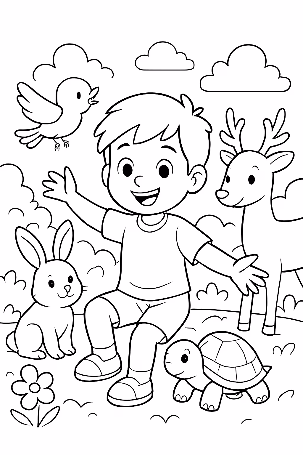 Um menino brincado no paraiso com animais para colorir — desenho para imprimir