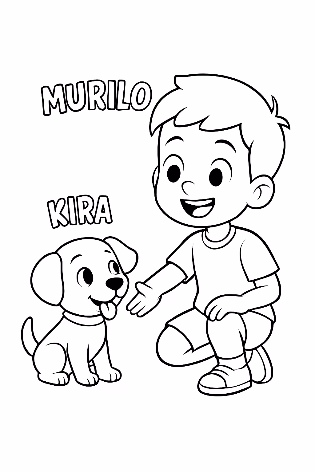 Um menino brincando com seu cachorro pequeno e o nome para colorir — desenho para imprimir