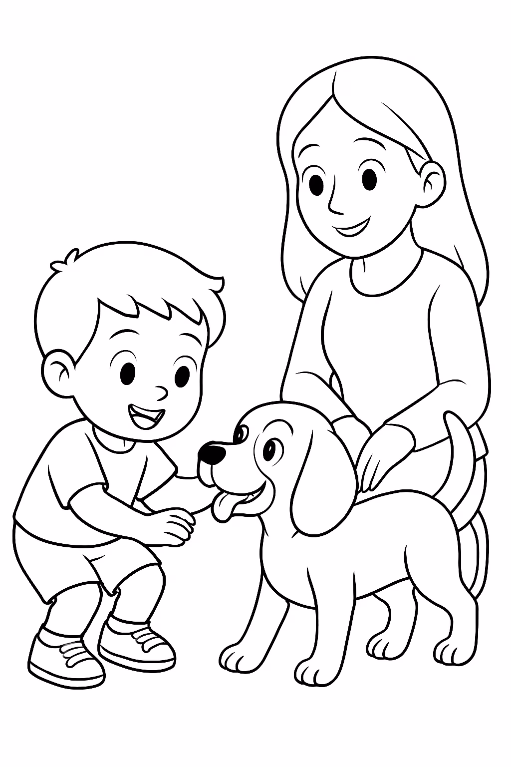 Um menino de anos brincando com o cachorro beagle chamada para colorir — desenho para imprimir