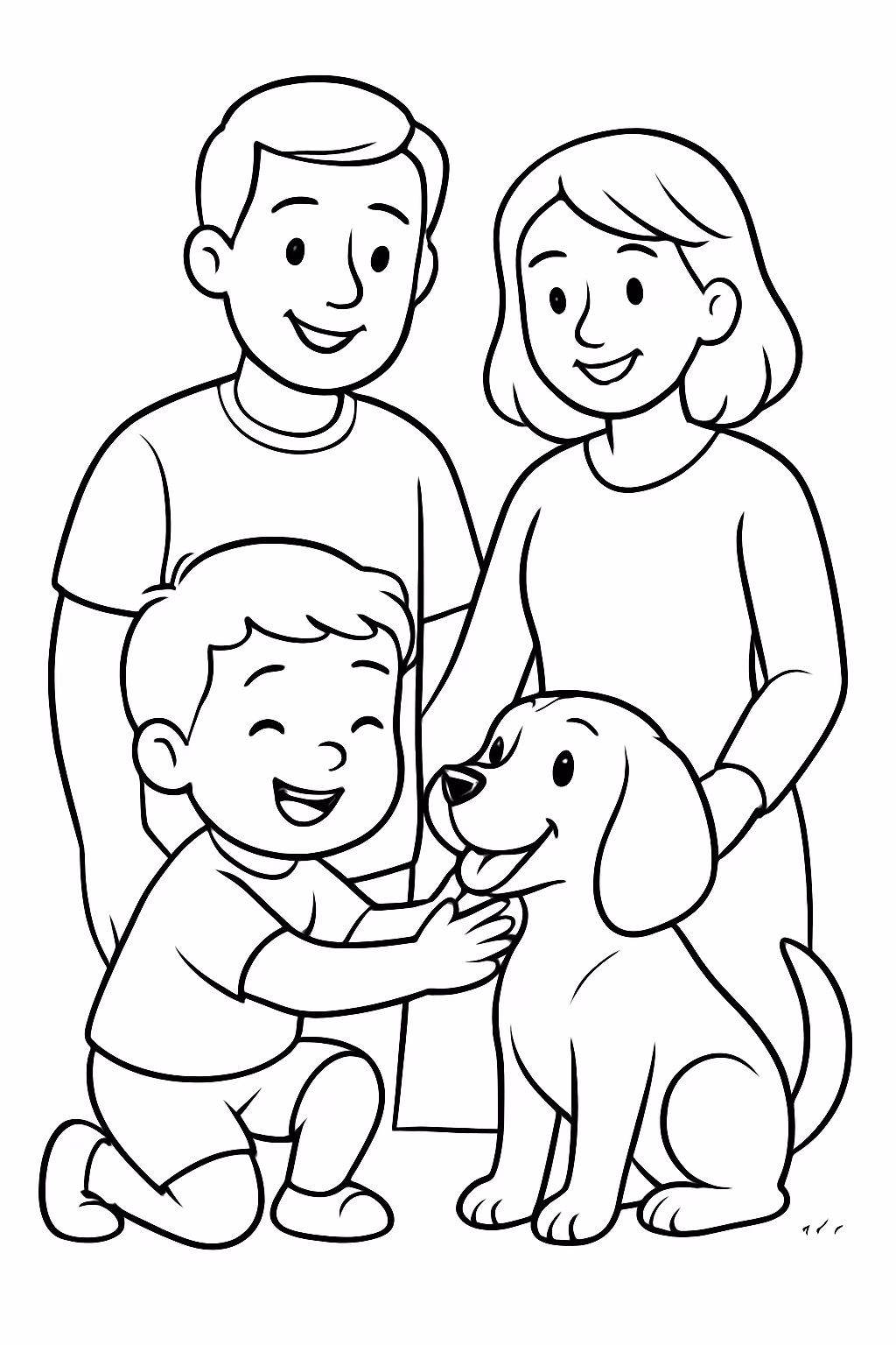 Um menino de anos brincando com o cachorro beagle chamada para colorir — desenho para imprimir