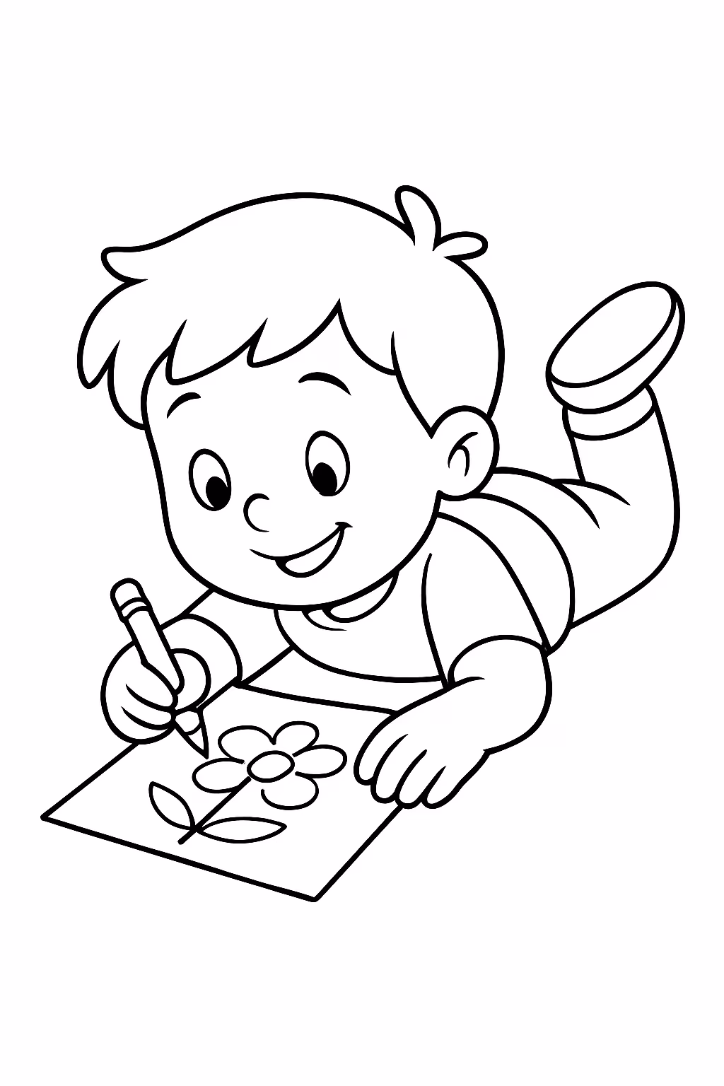 Um menino deitado pintando uma folha com a baixo o para colorir — desenho para imprimir