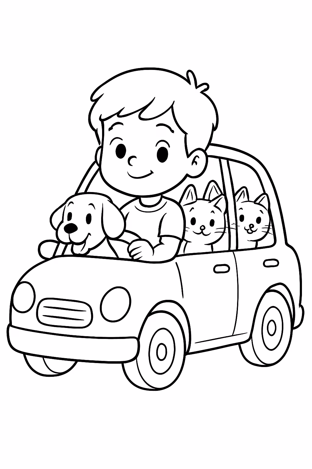Um menino dirigindo um carro e no carro cachorro e para colorir — desenho para imprimir