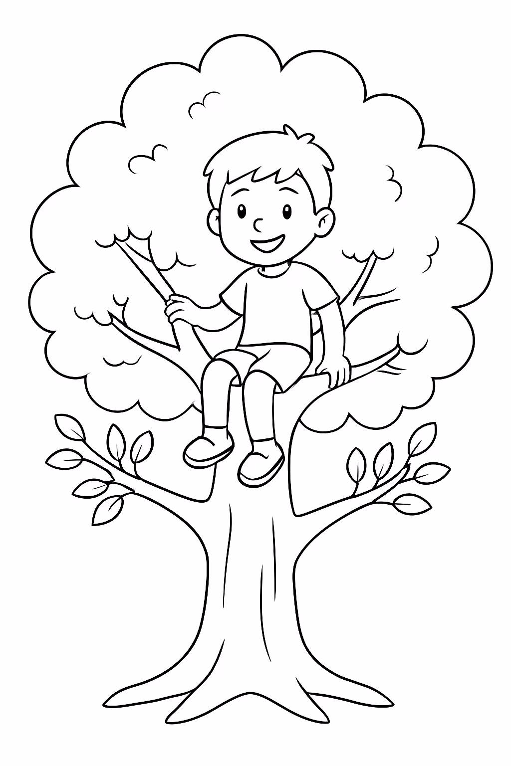 Um menino em cima de uma arvore grande para colorir — desenho para imprimir