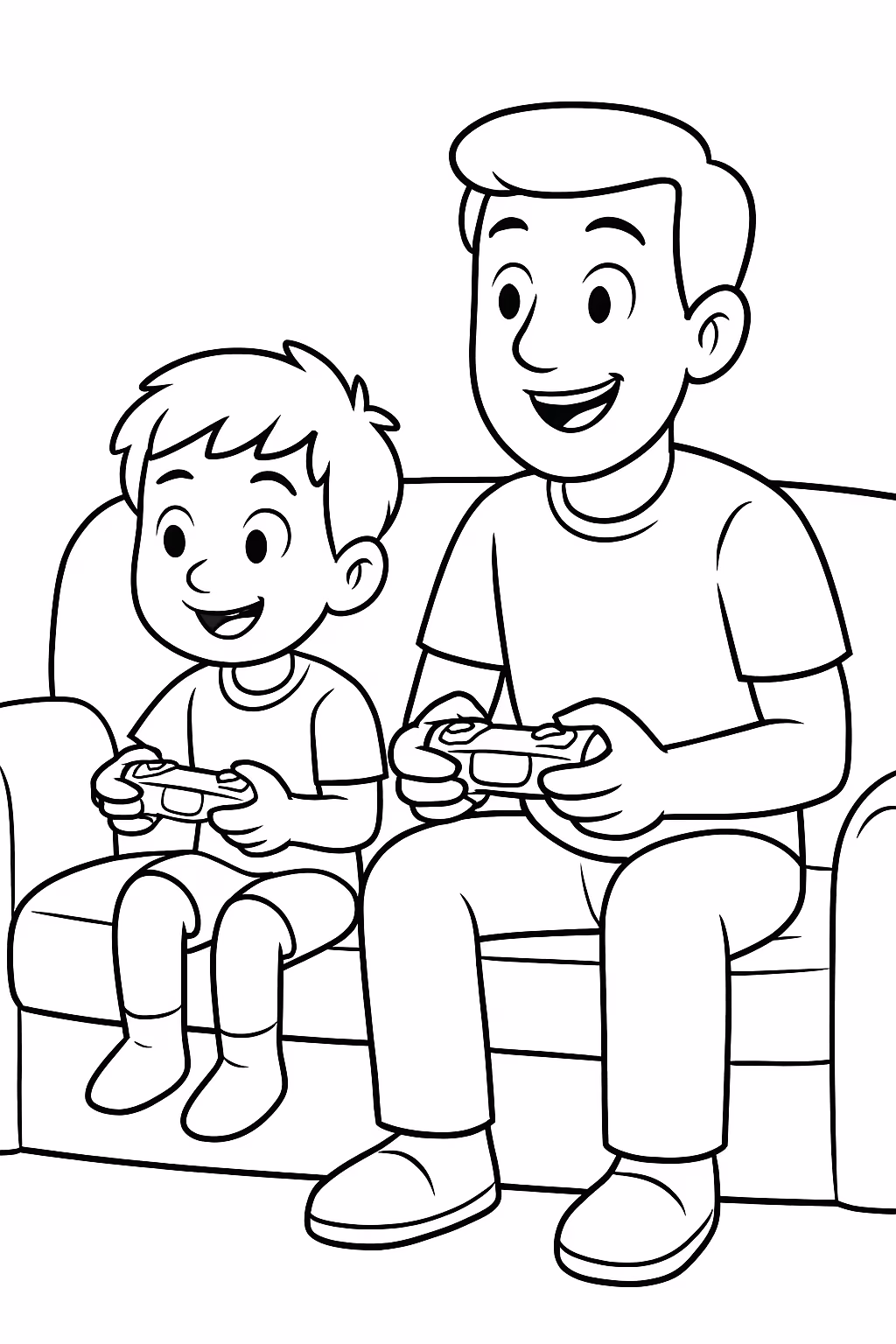 Um menino jogando videogame com o pai para colorir — desenho para imprimir