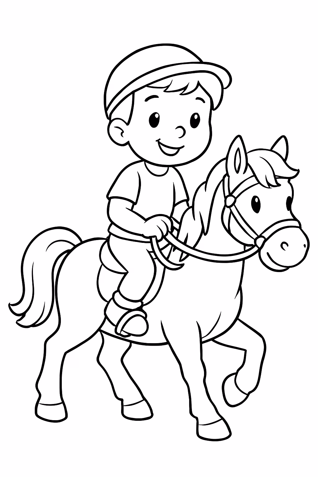 Um menino montado no cavalo para colorir — desenho para imprimir