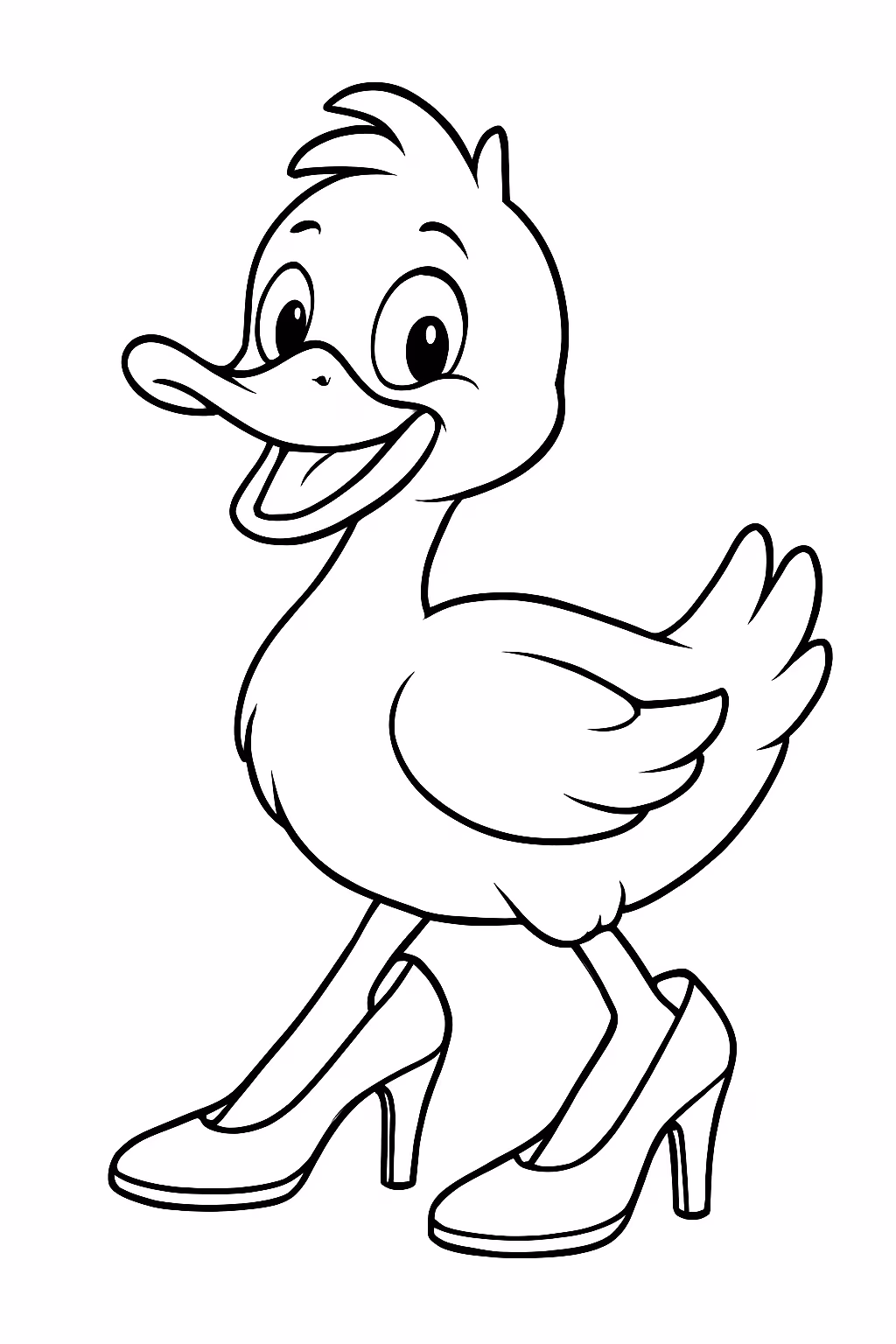Um pato usando salto alto para colorir — desenho para imprimir