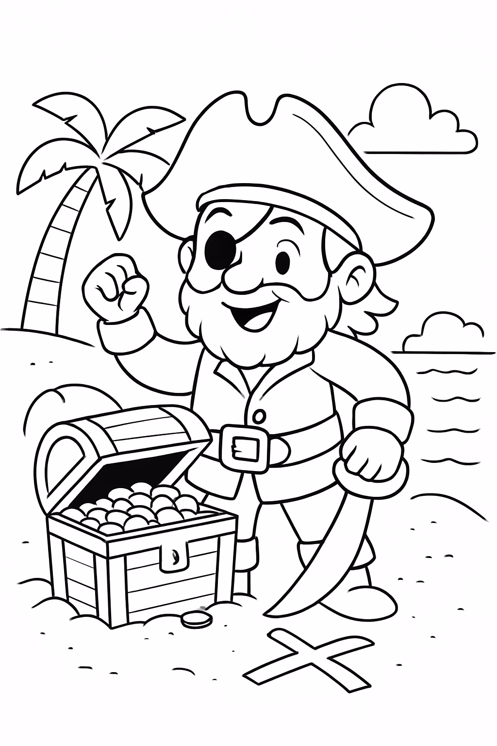 Um pirata encontrando o tesouro com a marta de um para colorir — desenho para imprimir