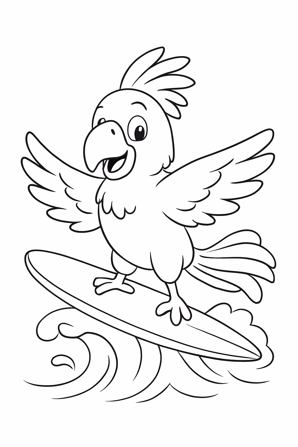 Uma arara surfando para colorir — desenho para imprimir
