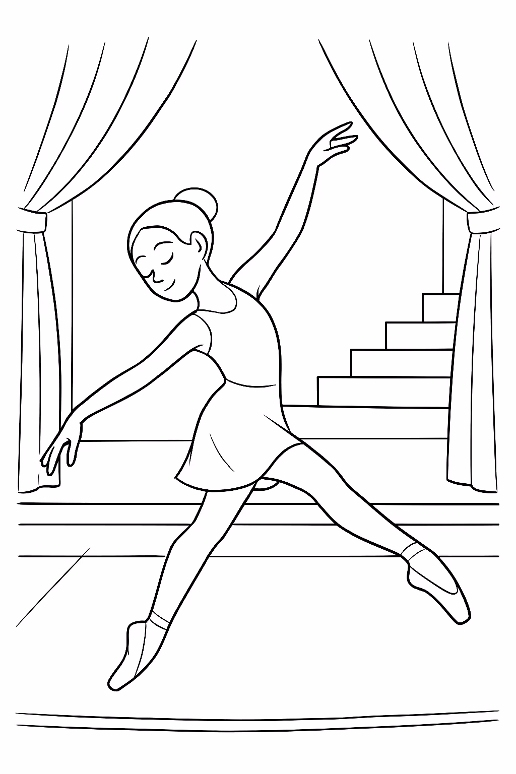 Uma bailarina de contemporaneo num palco com umas escadas para colorir — desenho para imprimir