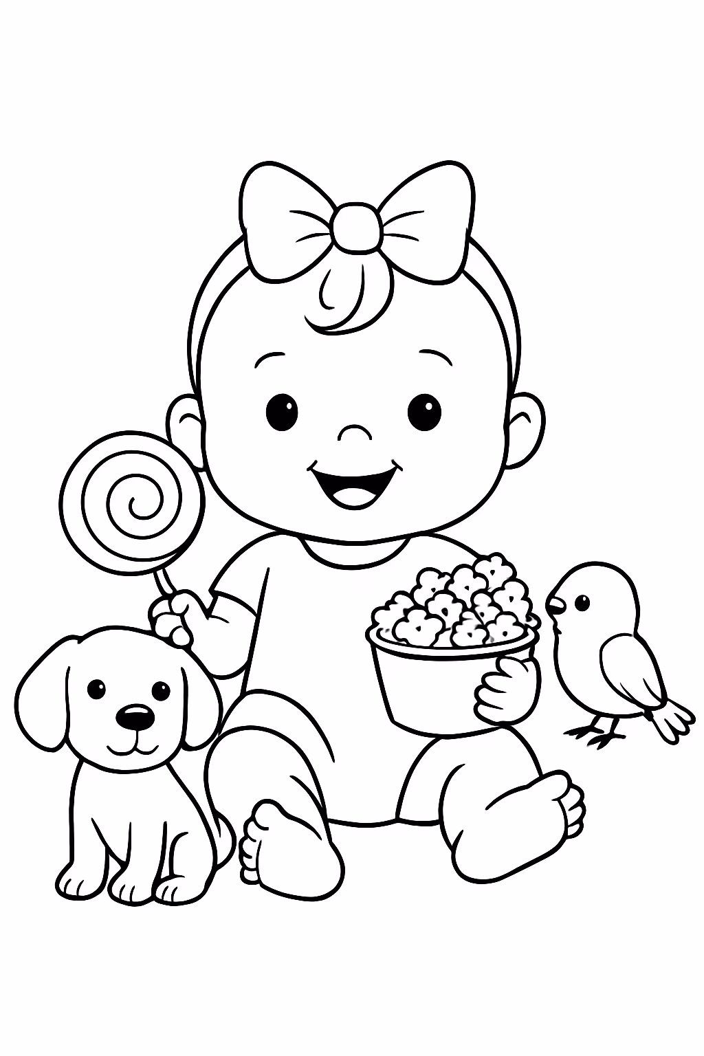 Uma bebe com um pirulito e pipoca na mao com para colorir — desenho para imprimir