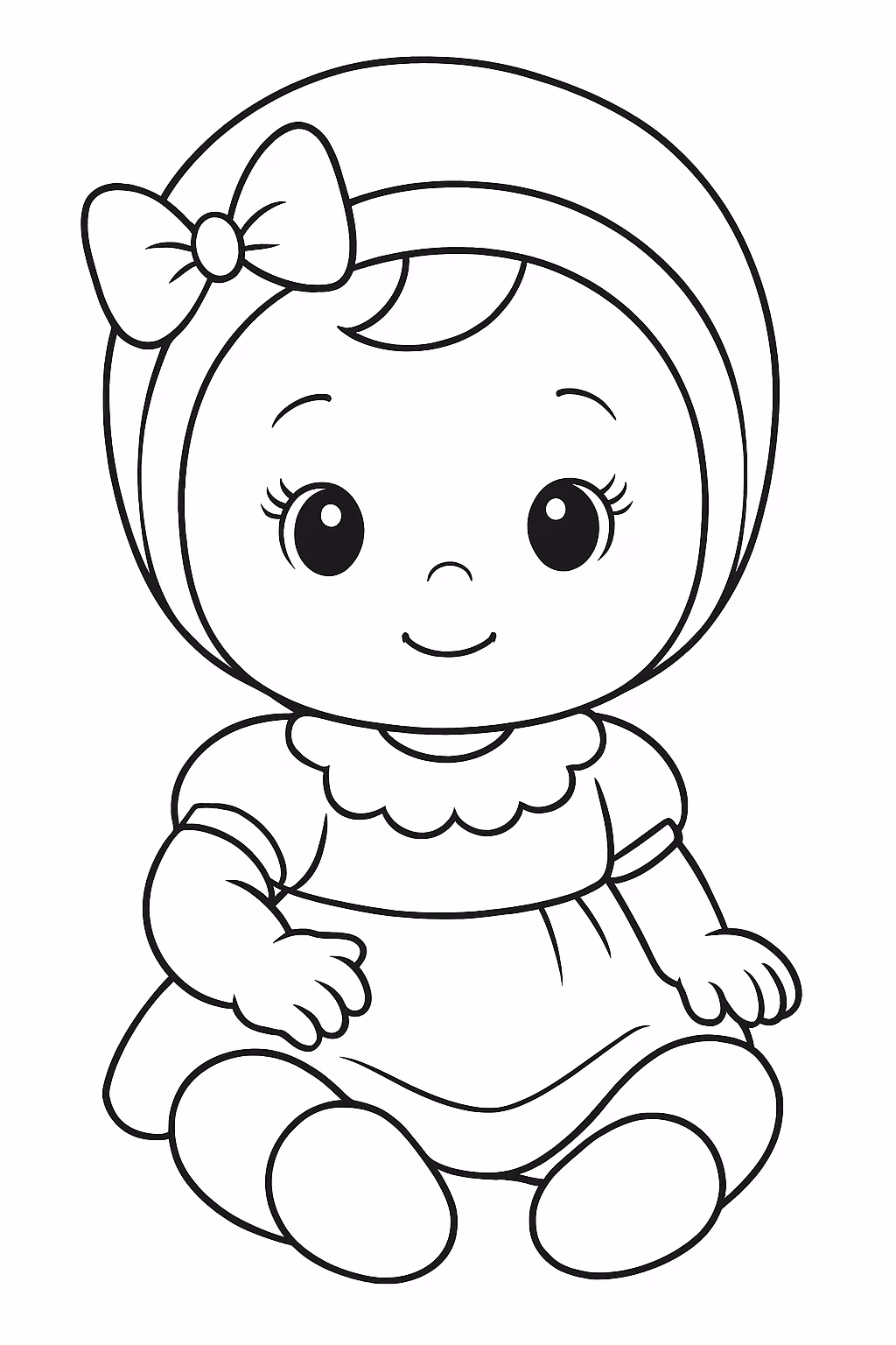 Uma bebezinha que parece uma boneca usando toca para colorir — desenho para imprimir