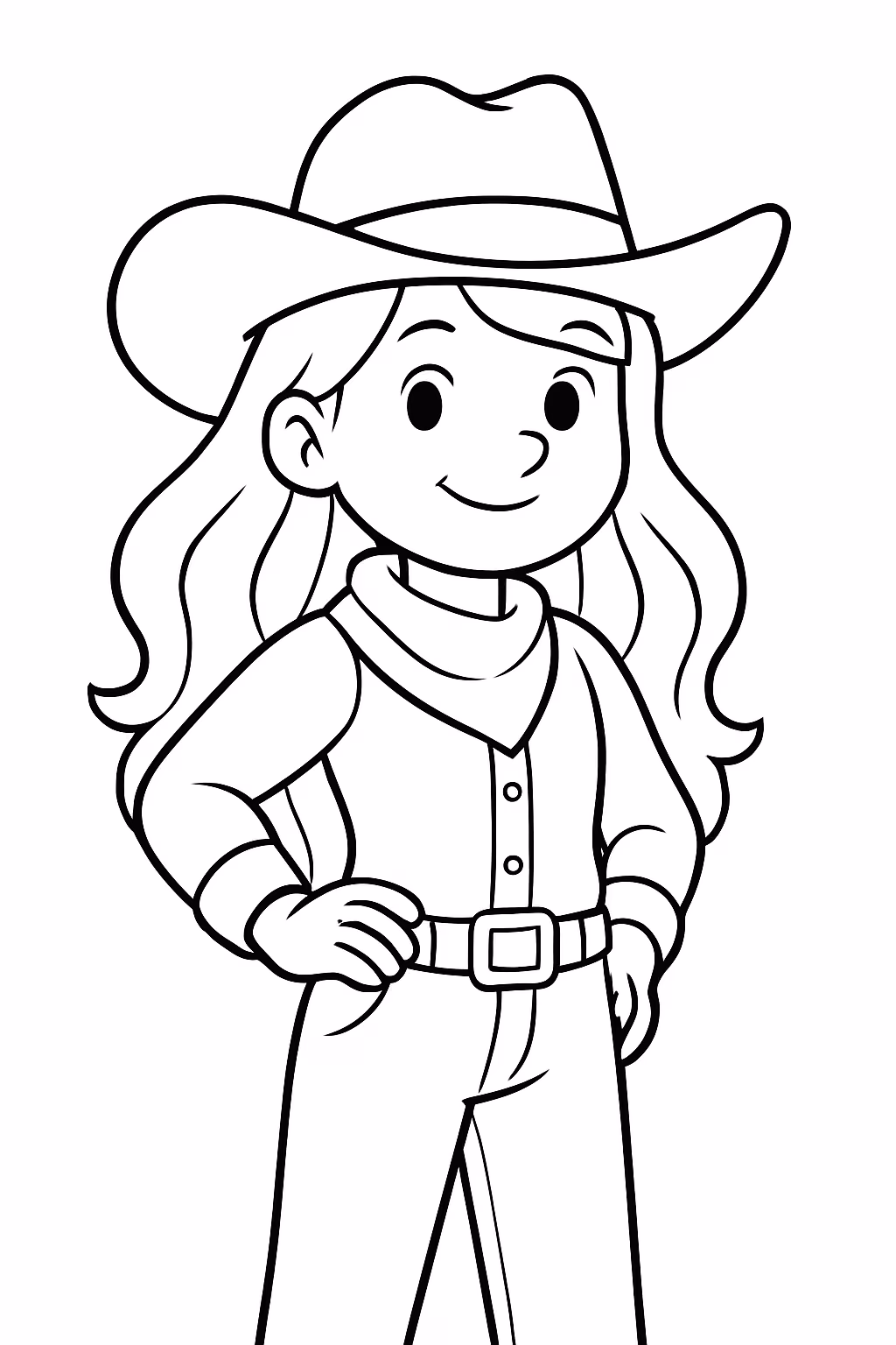 Uma boiadeira com cabelo longo e chapeu em estilo animado para colorir — desenho para imprimir
