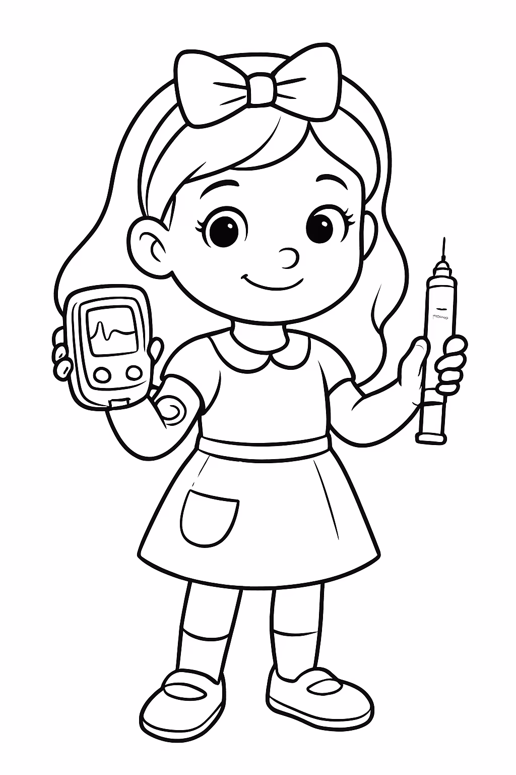 Uma boneca com diabetes tipo usando libre e insulina para colorir — desenho para imprimir