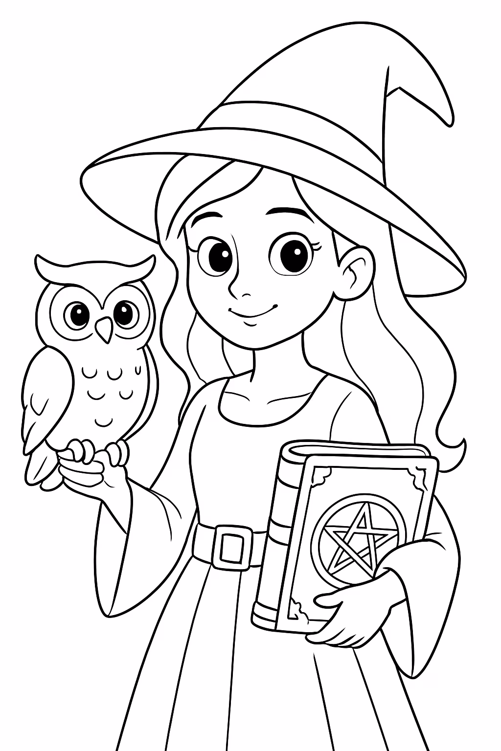 Uma bruxa bonita e jovem com uma mao segurando um para colorir — desenho para imprimir