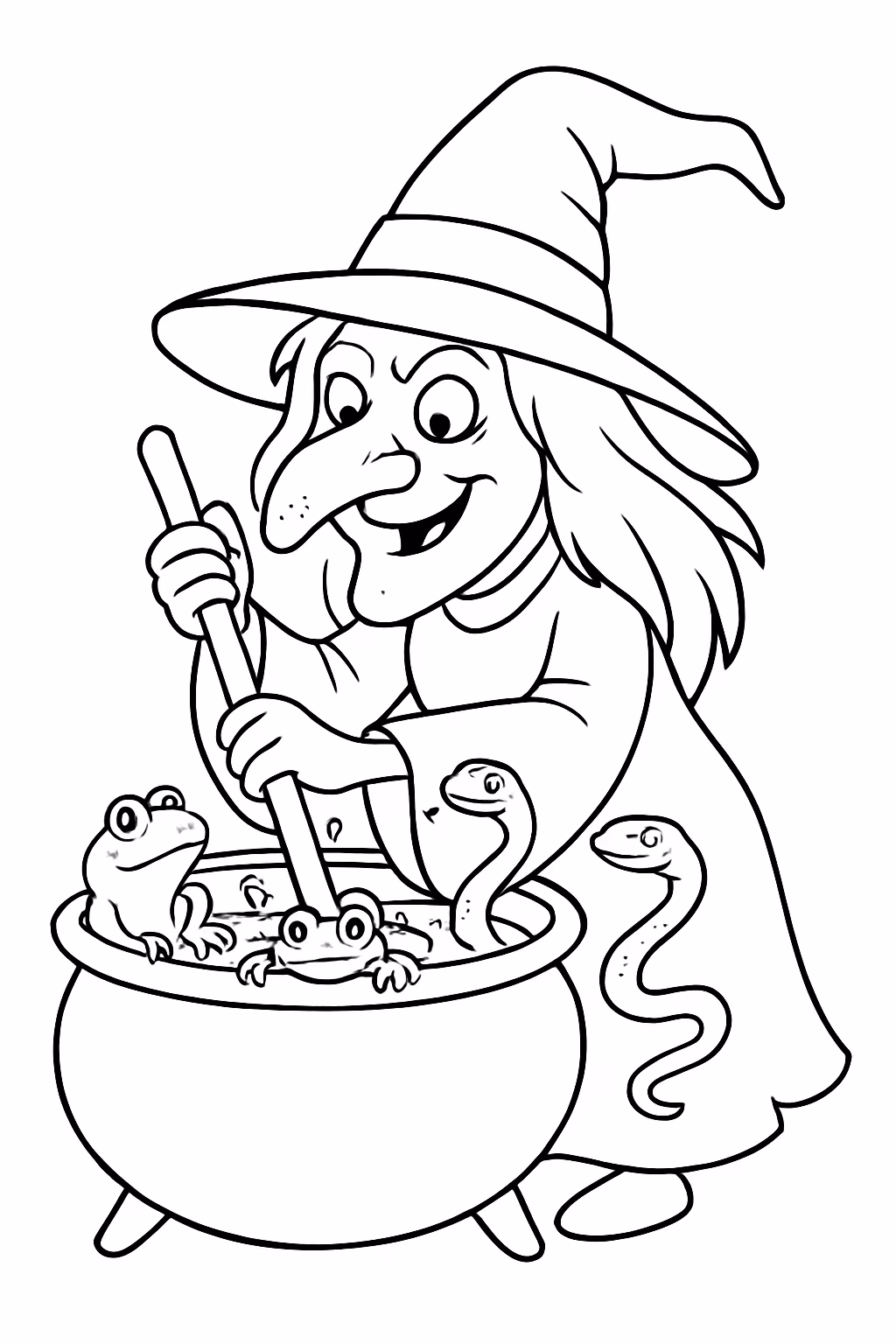 Uma bruxa com nariz grande e com verruga mexendo um para colorir — desenho para imprimir