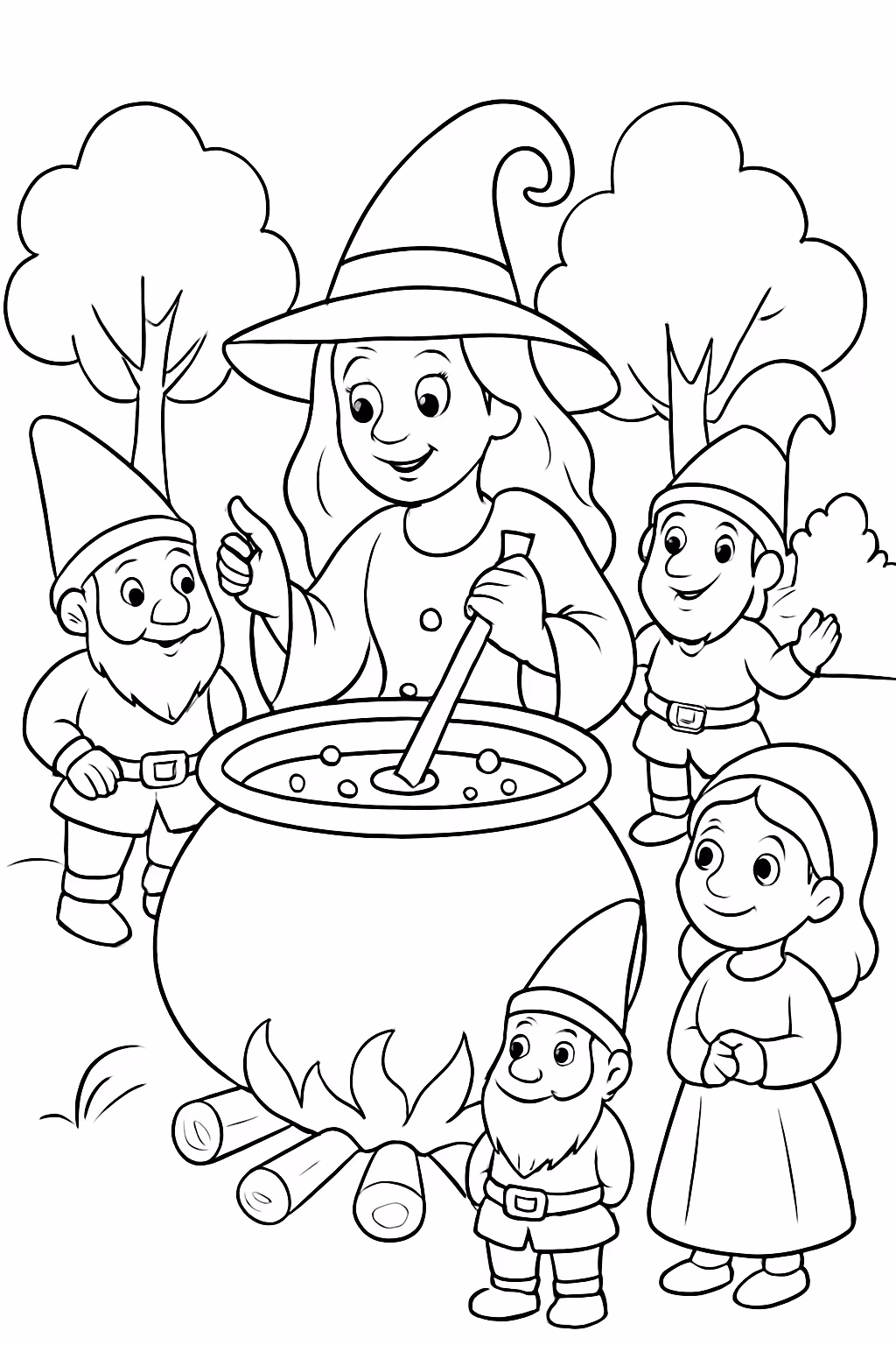 Uma bruxinha no caldeirao com anoes em volta e a para colorir — desenho para imprimir