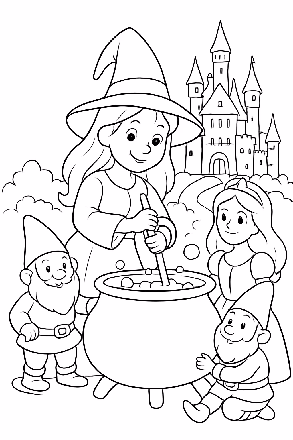 Uma bruxinha no caldeirao com anoes em volta e a para colorir — desenho para imprimir