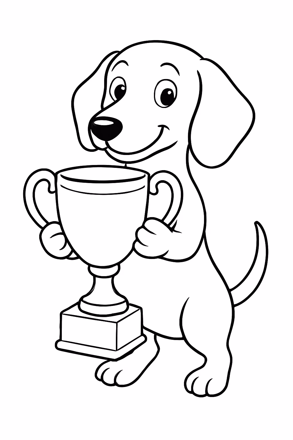 Uma cachorra da raca dachshund segurando a taca da copa para colorir — desenho para imprimir