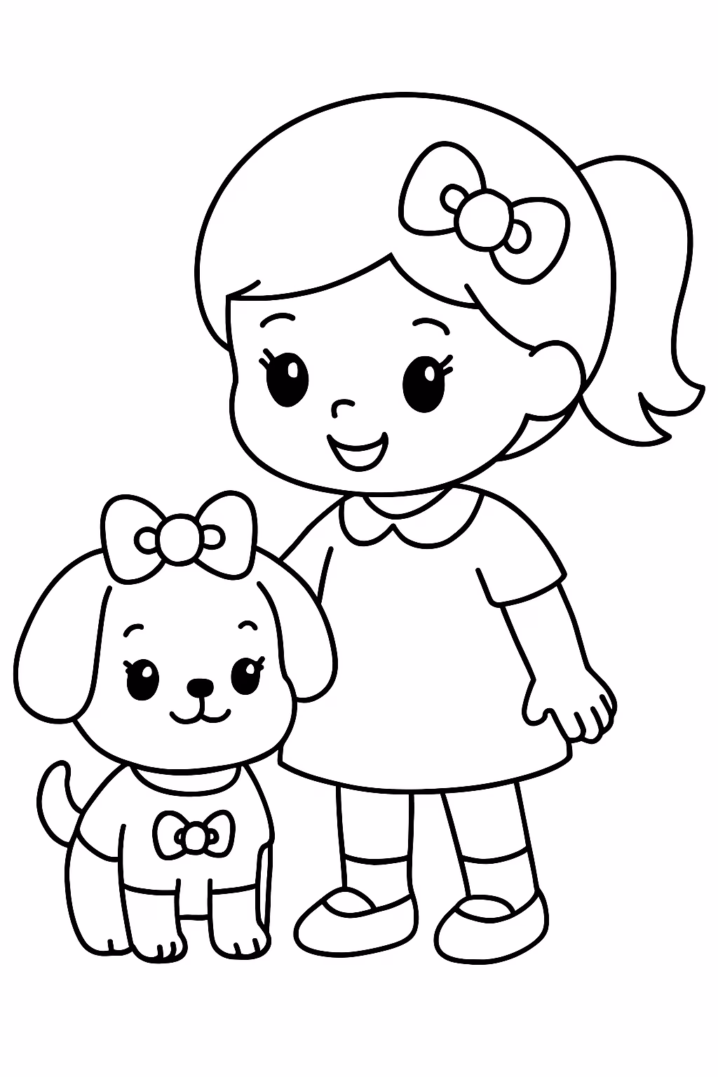 Uma cachorrinha com roupinha de hello kitti e o e para colorir — desenho para imprimir