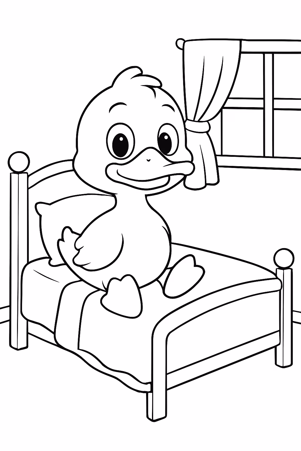 Uma cama duck para colorir — desenho para imprimir