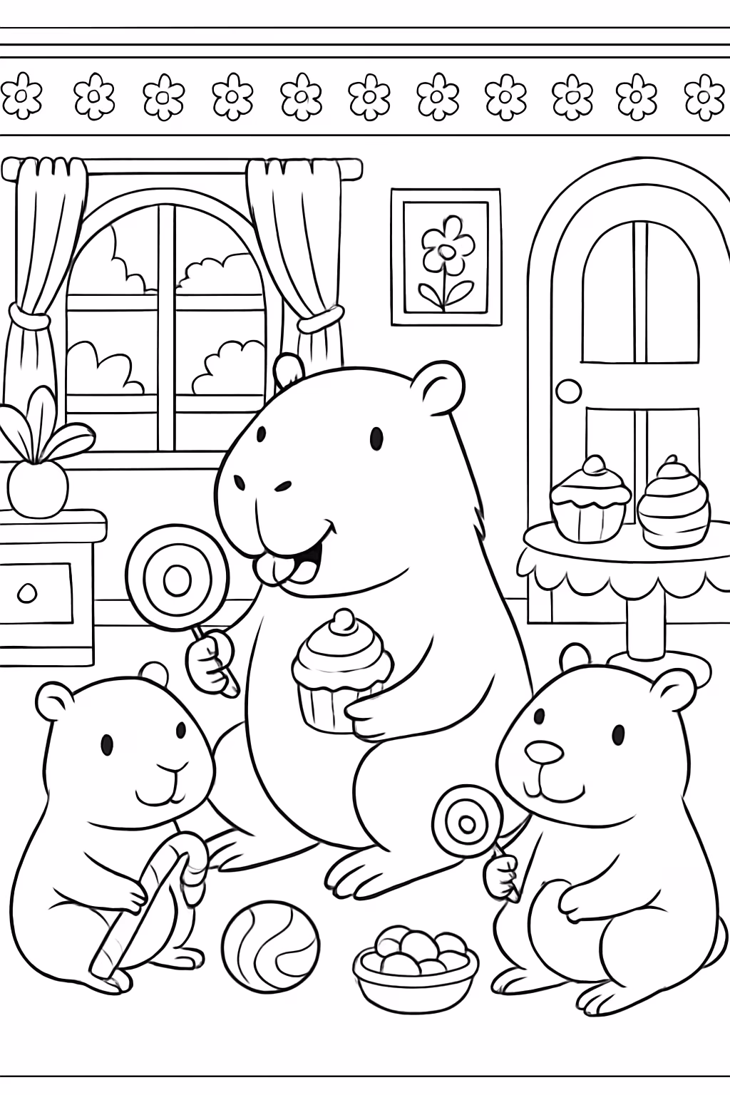 Uma capivara comendo muitos doces com sua familia numa casa para colorir — desenho para imprimir