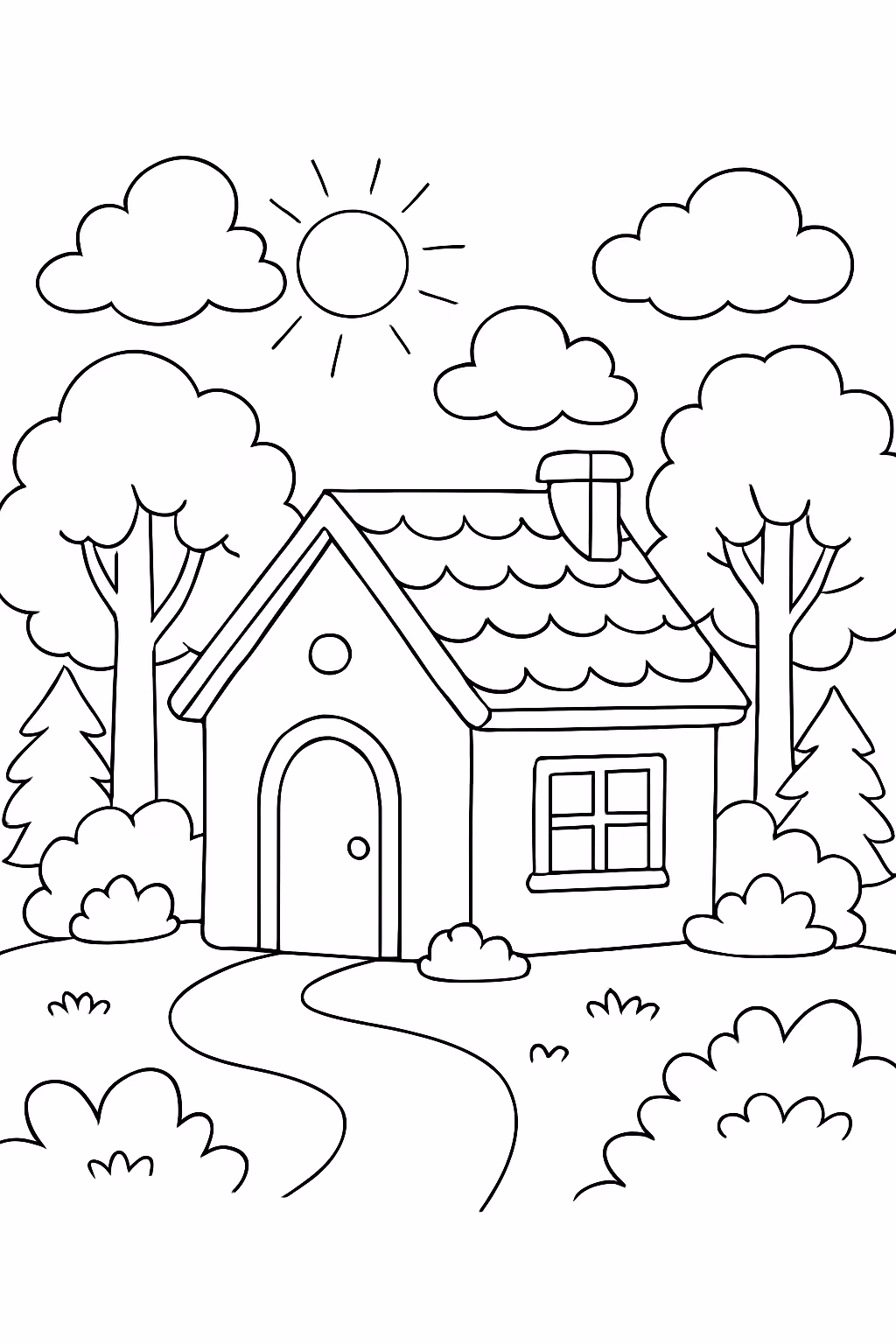 Uma casa em uma floresta com sol e nuvens para colorir — desenho para imprimir