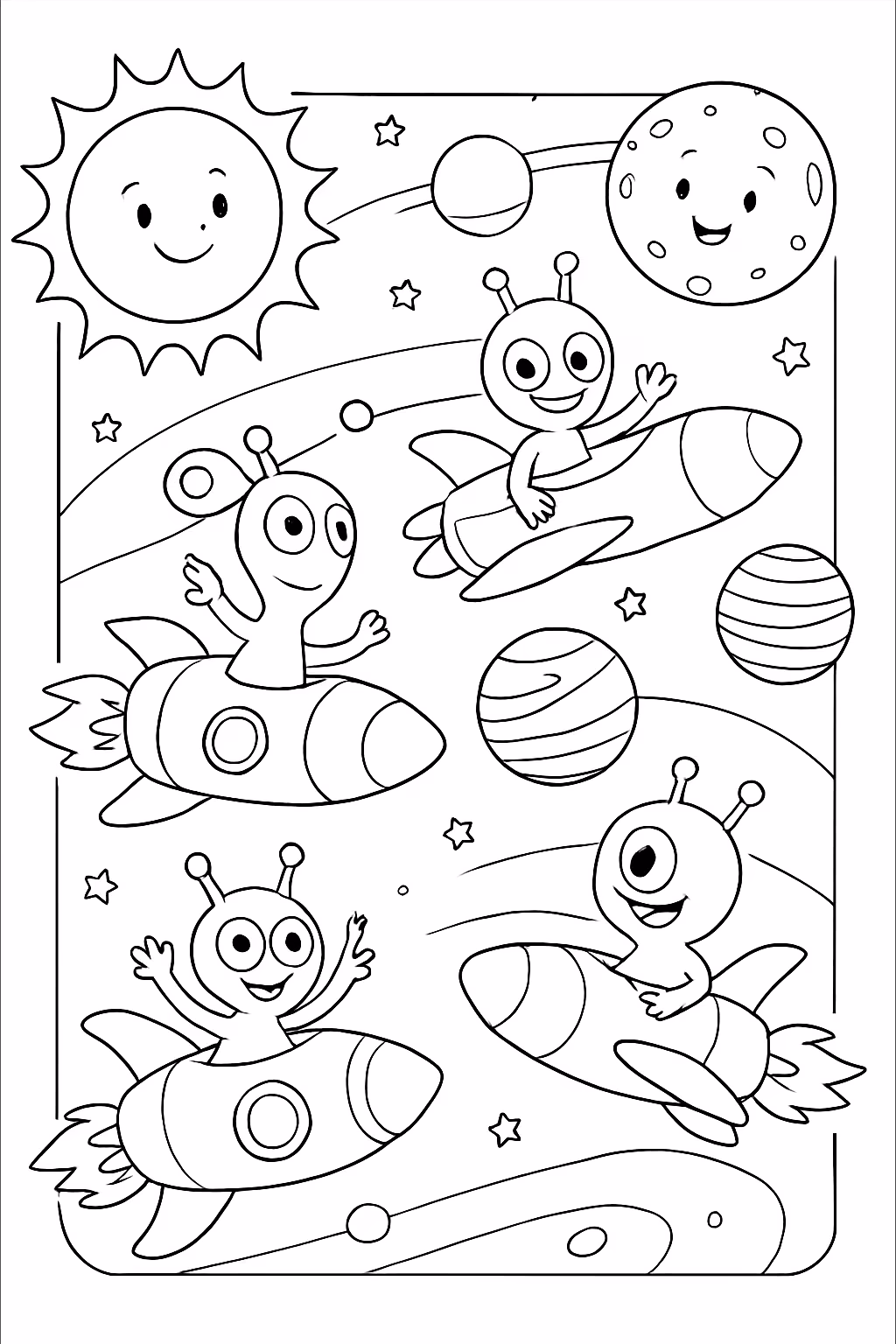 Uma corrida de extraterrestres em torno dos planetas do sistema para colorir — desenho para imprimir