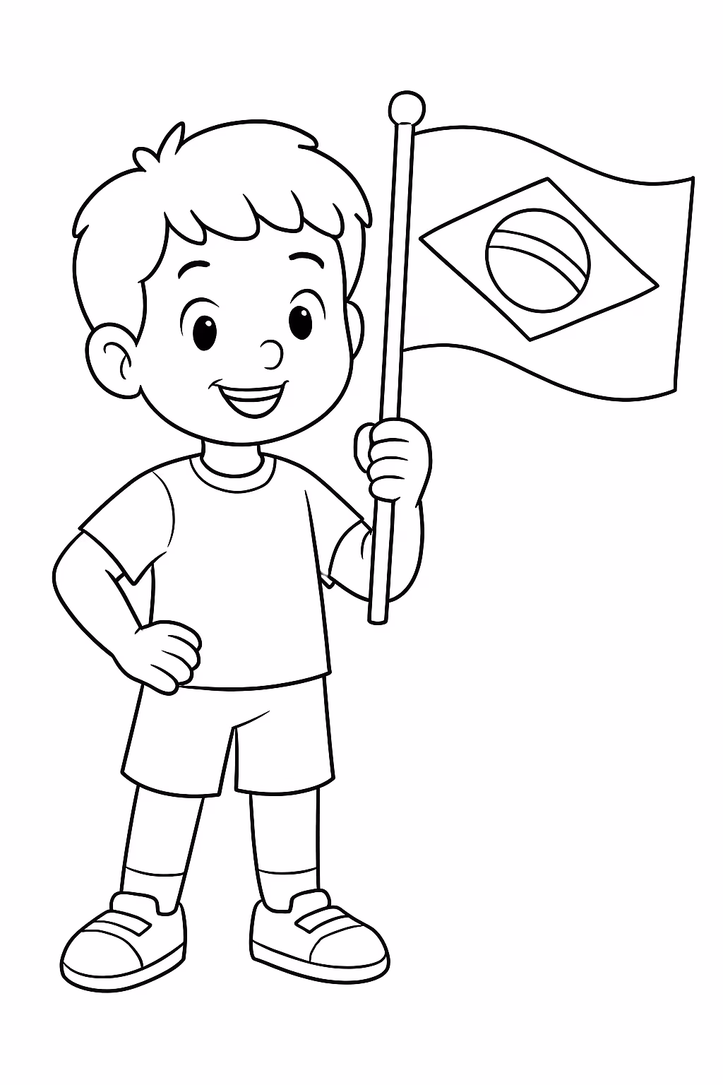 Uma crianca segurando a bandeira do brasil para colorir — desenho para imprimir