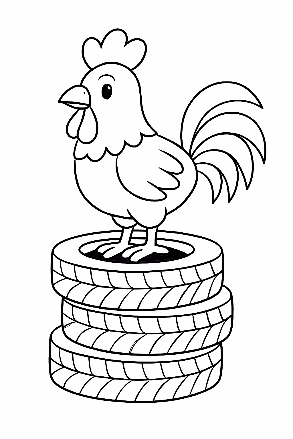 Uma galo em cima de pneus para colorir — desenho para imprimir