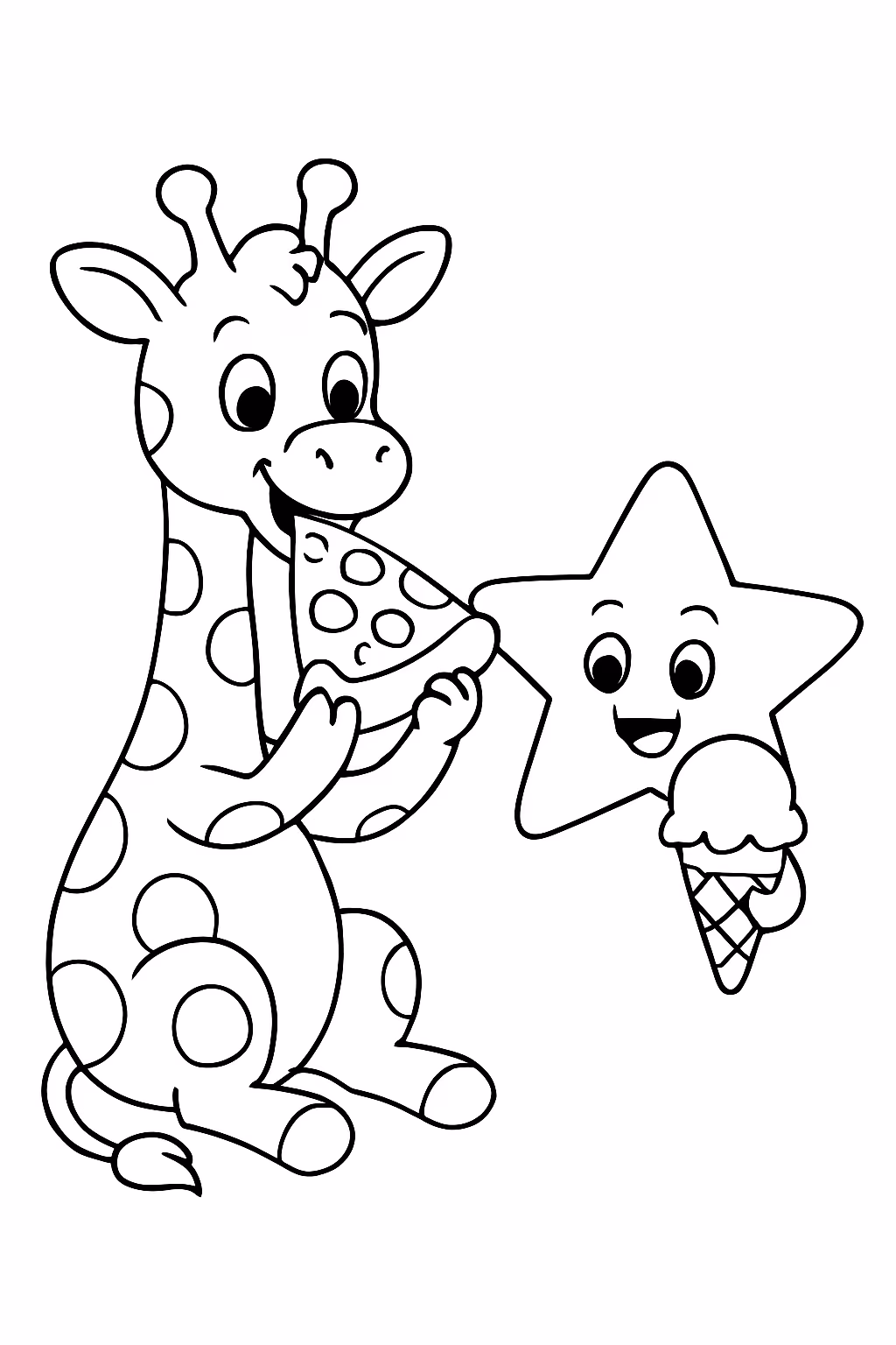 Uma girafa comendo uma pizza e uma estrela comendo um para colorir — desenho para imprimir