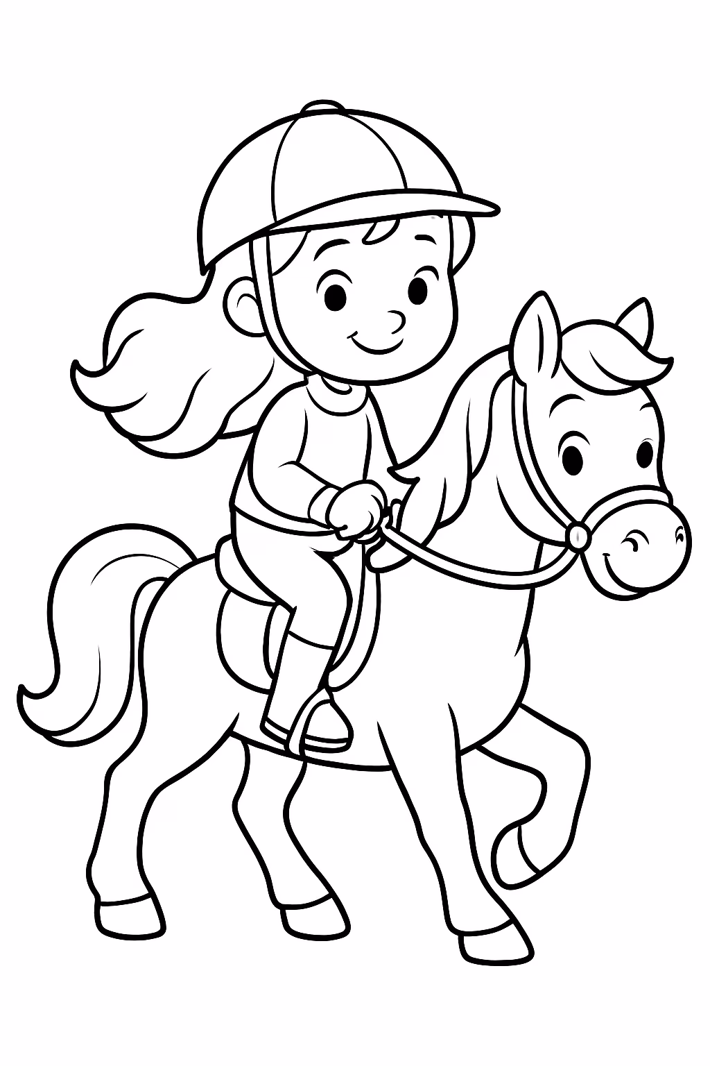 Uma menina andando de cavalo e para colorir — desenho para imprimir