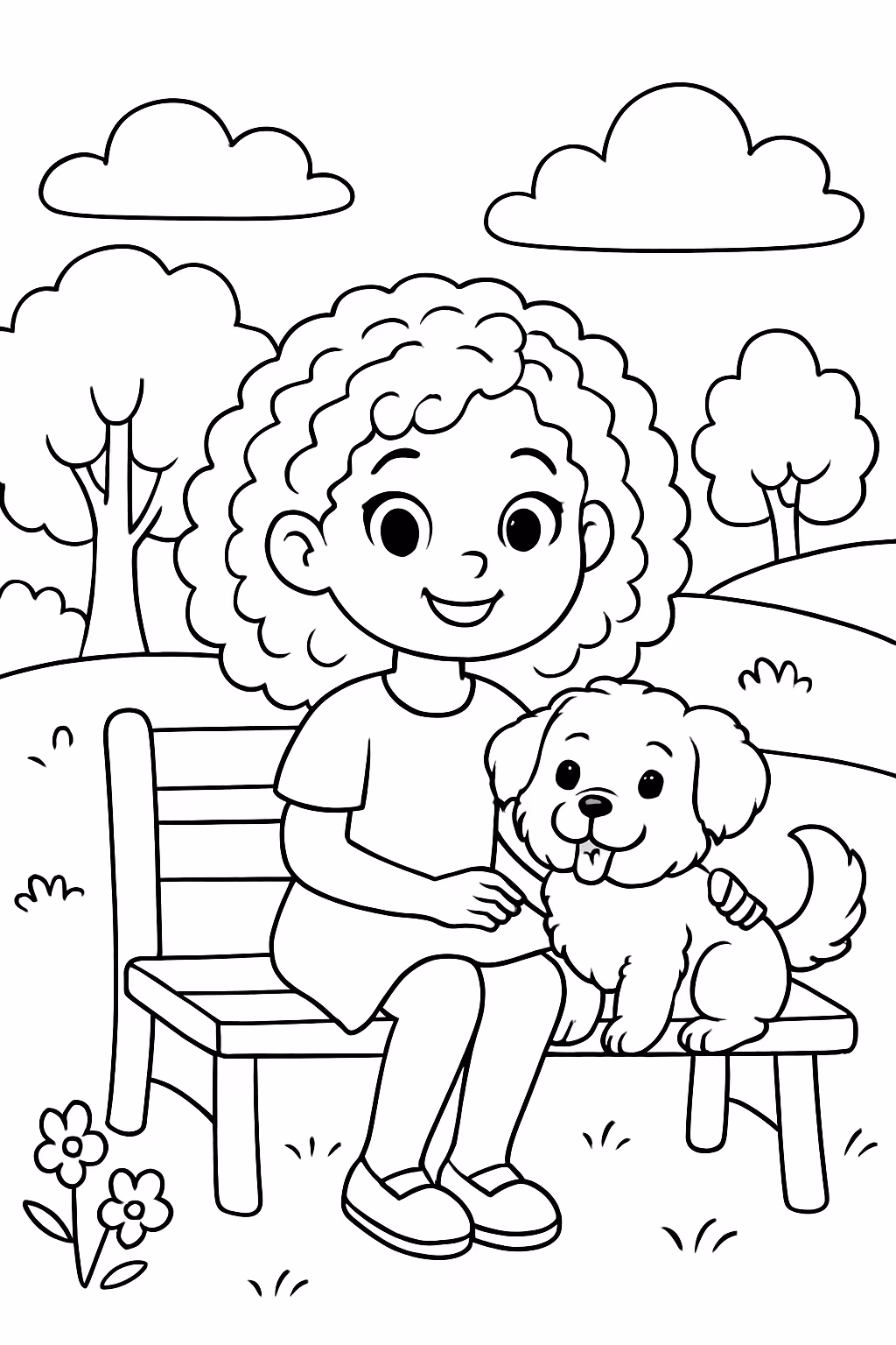 Uma menina com cabelo cacheado loira um cachorro pequeno puldol para colorir — desenho para imprimir