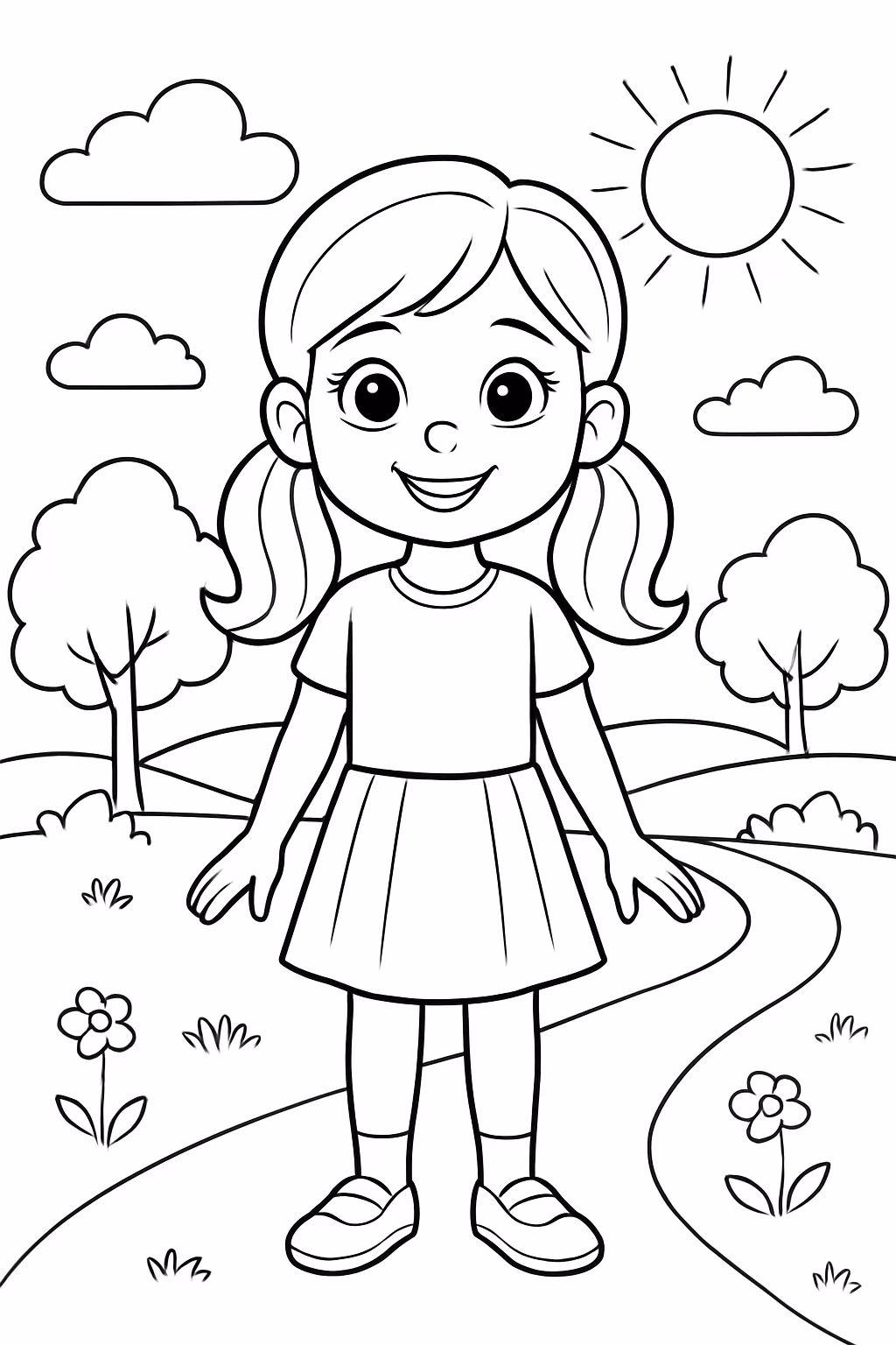Uma menina de 1m e 30cm numa paisagem de anos para colorir — desenho para imprimir